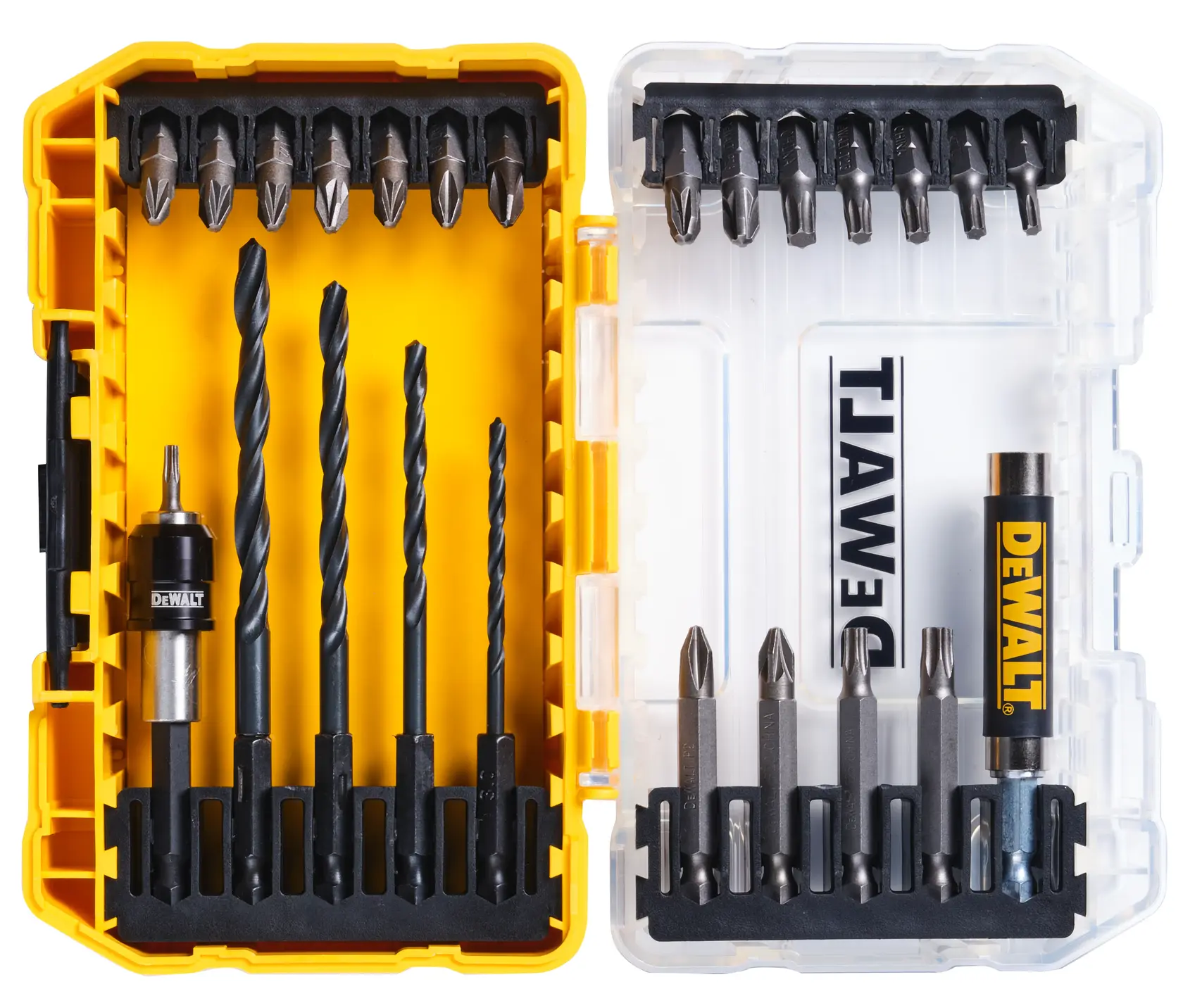 DEWALT drill and screwdriver bit set in yellow case, SKUs DT70708-QZ, DT70708, open view, assorted bits.
