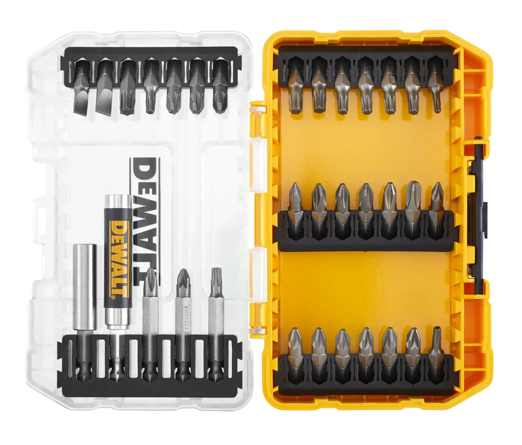 DEWALT DT70709 set with various screwdriver bits in a yellow and clear plastic case, organized in rows.
