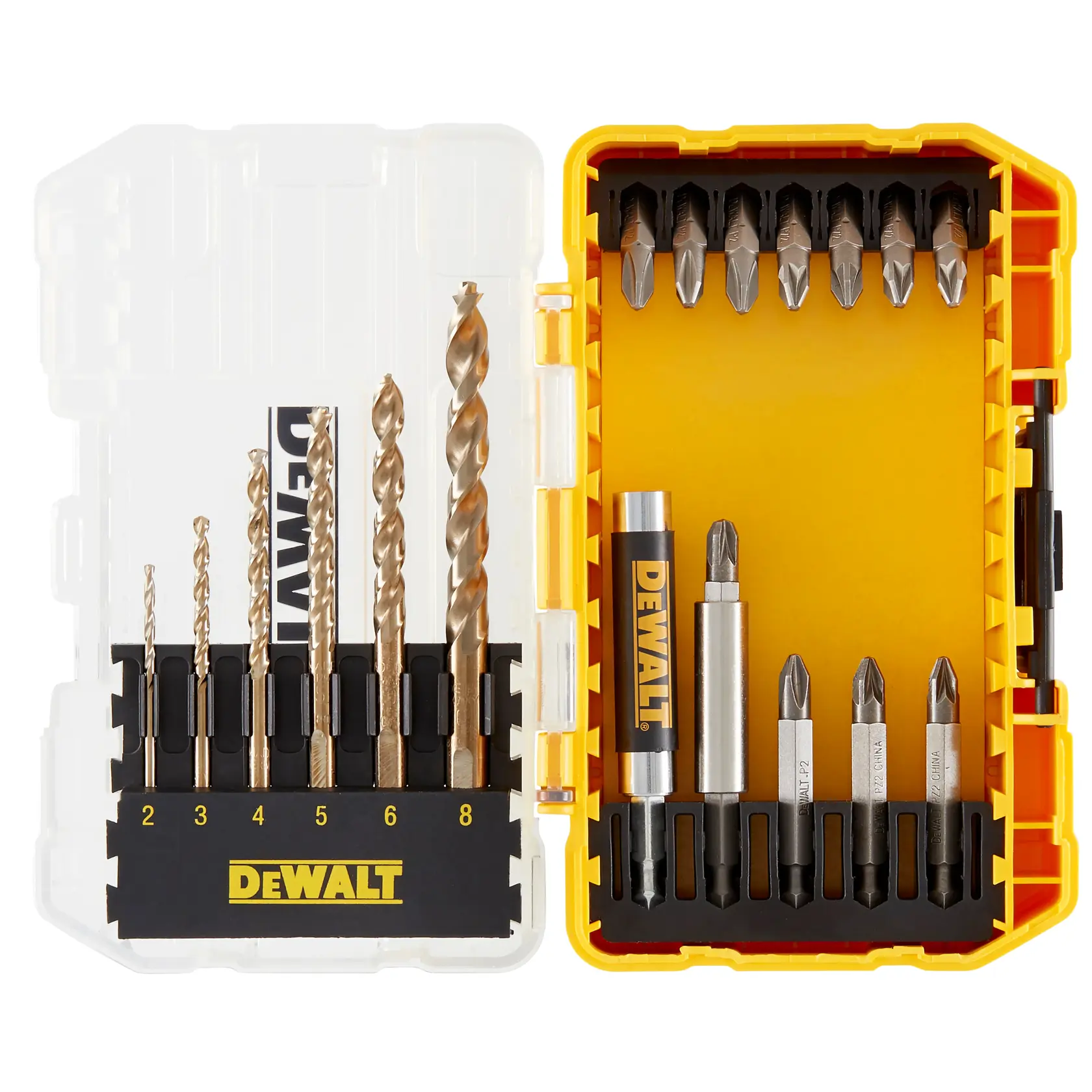 DEWALT drill and screwdriver bit set in a yellow plastic storage case.