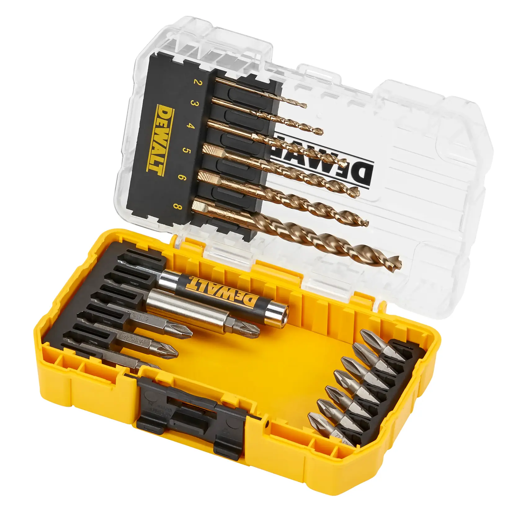 DEWALT drill and screwdriver bit set in a yellow plastic case with clear lid, arranged by size and type.