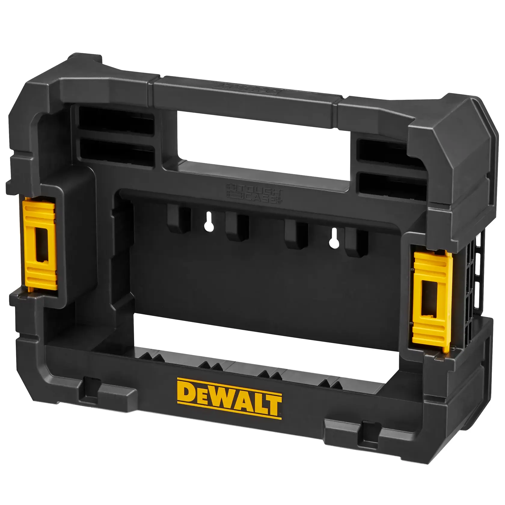 Photo of DEWALT DT70716 black plastic tool organizer case with yellow accents, front angle, for storage and organization.