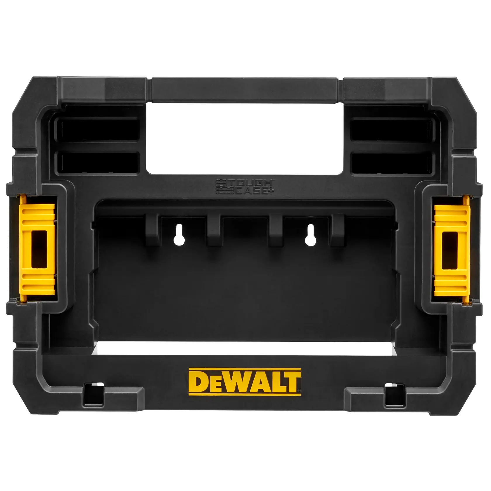 DEWALT black plastic Tough Case holder with yellow accents and DEWALT logo, front view.