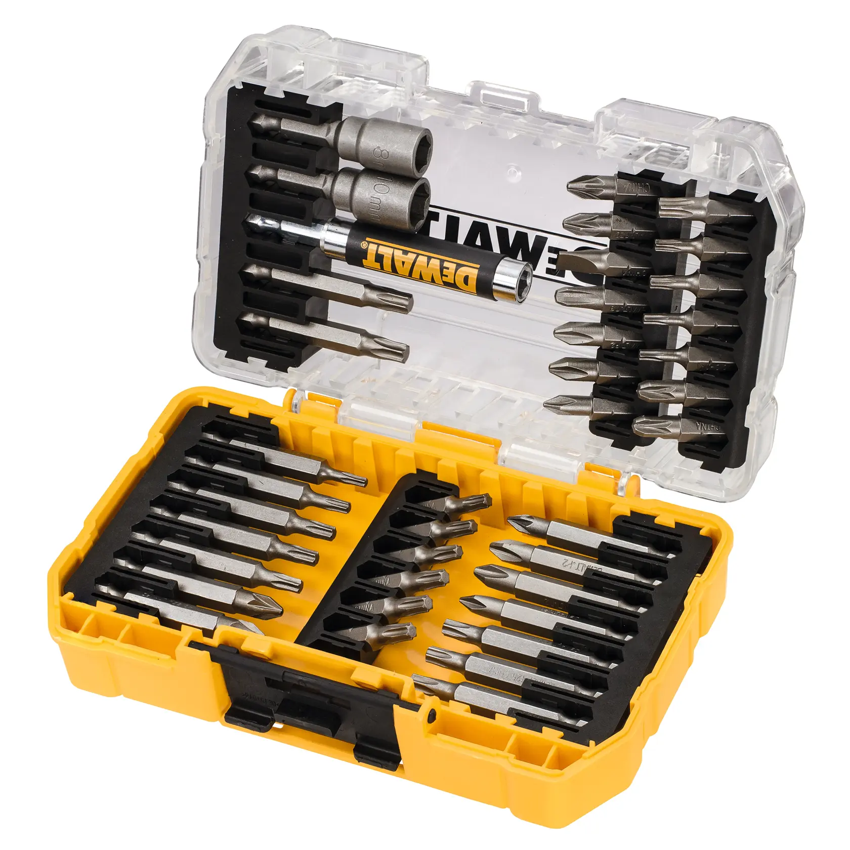 DEWALT DT70717 yellow case with assorted screwdriver bits and sockets, organized in rows.