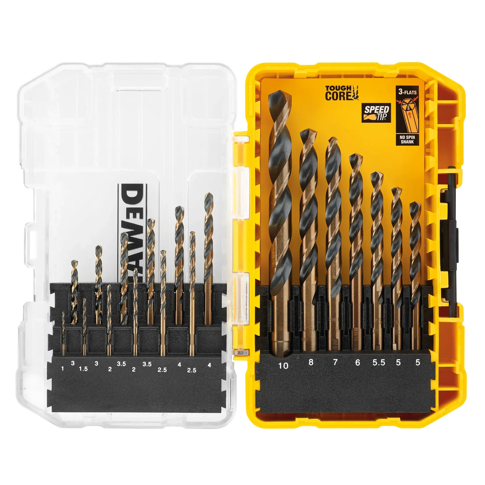 DEWALT drill bit set in a yellow and clear case with multiple sizes displayed and labeled for easy selection.