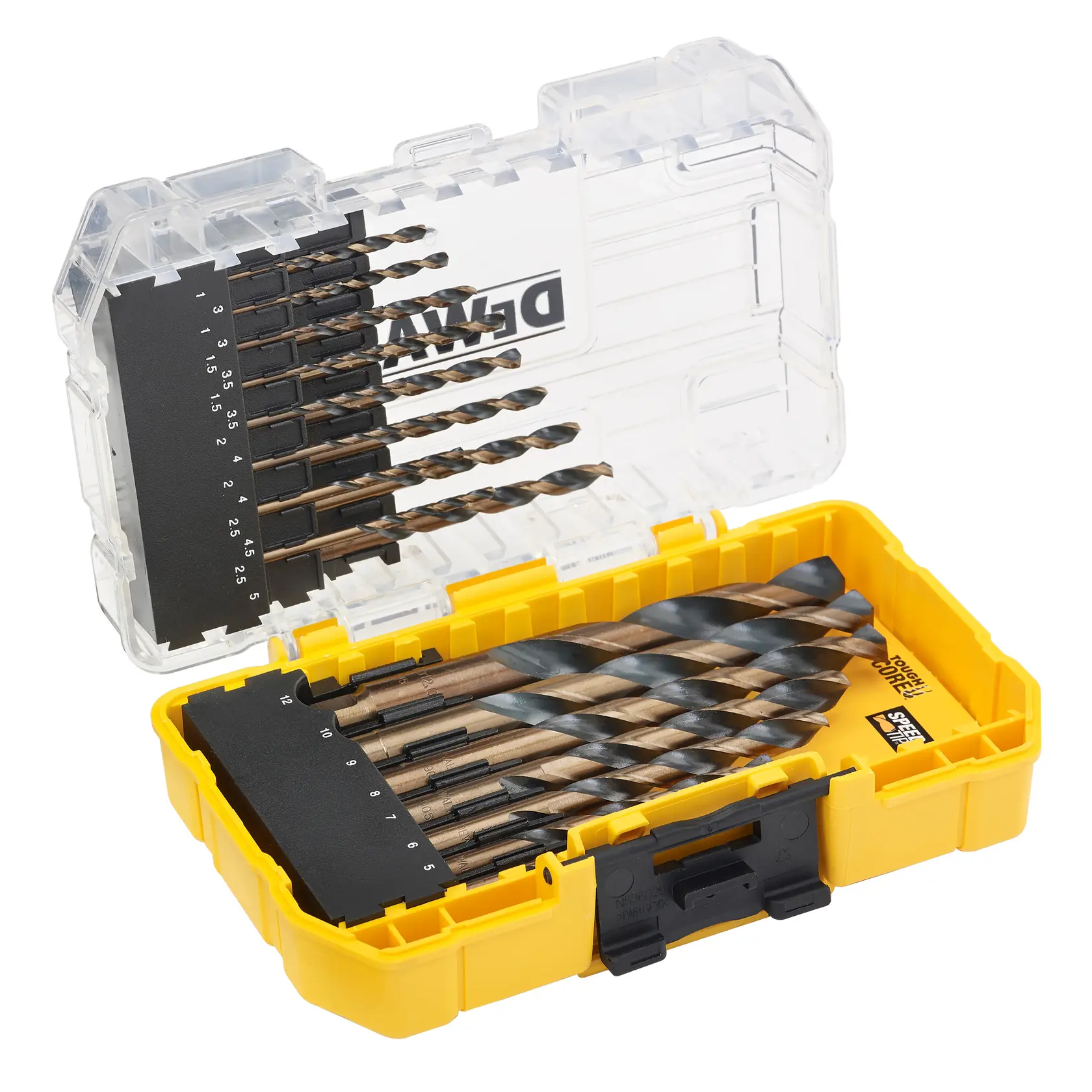 DEWALT drill bit set in yellow case, clear lid, SKUs DT70729, DT70729-QZ, photography, angled top view.