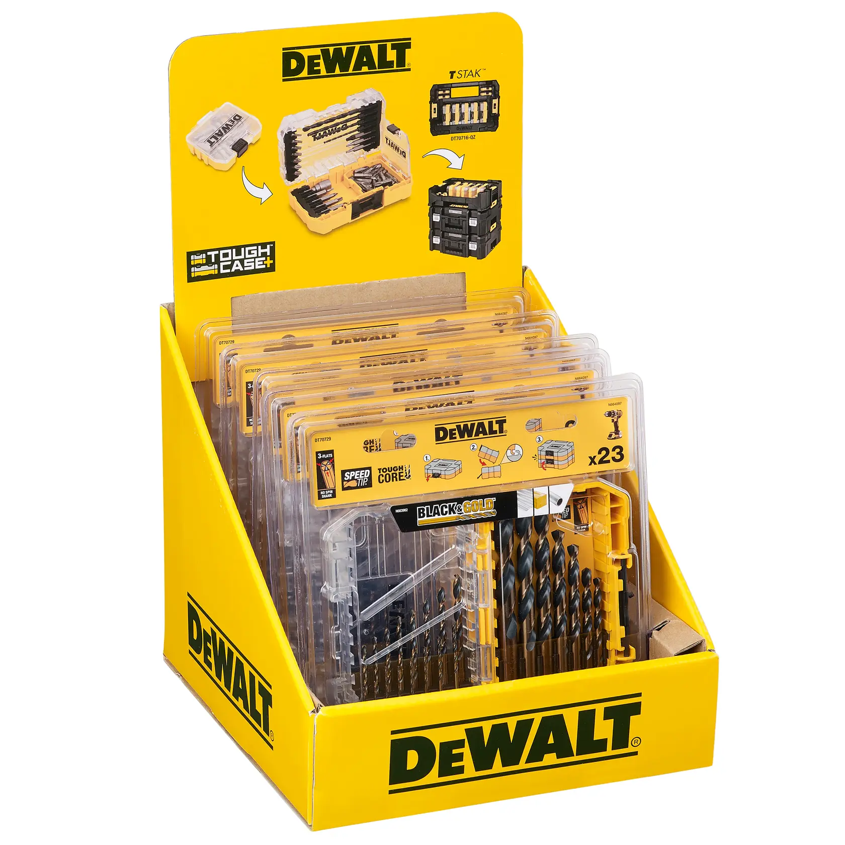 Photo of DEWALT drill bit sets DT70729, DT70729-QZ in yellow display box, front angle, product packaging visible.