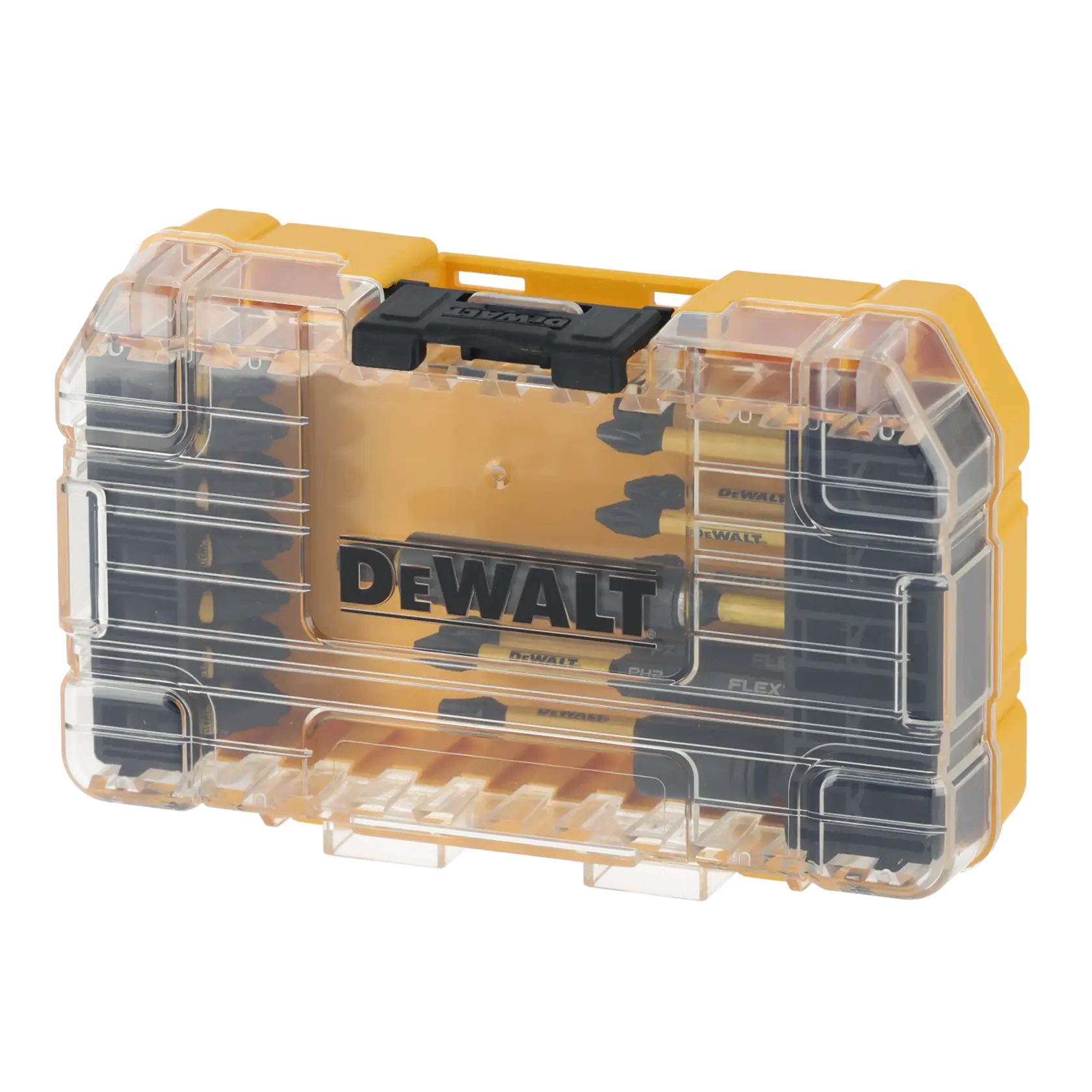 DEWALT bit set in a yellow and clear plastic case with visible branded bits inside.