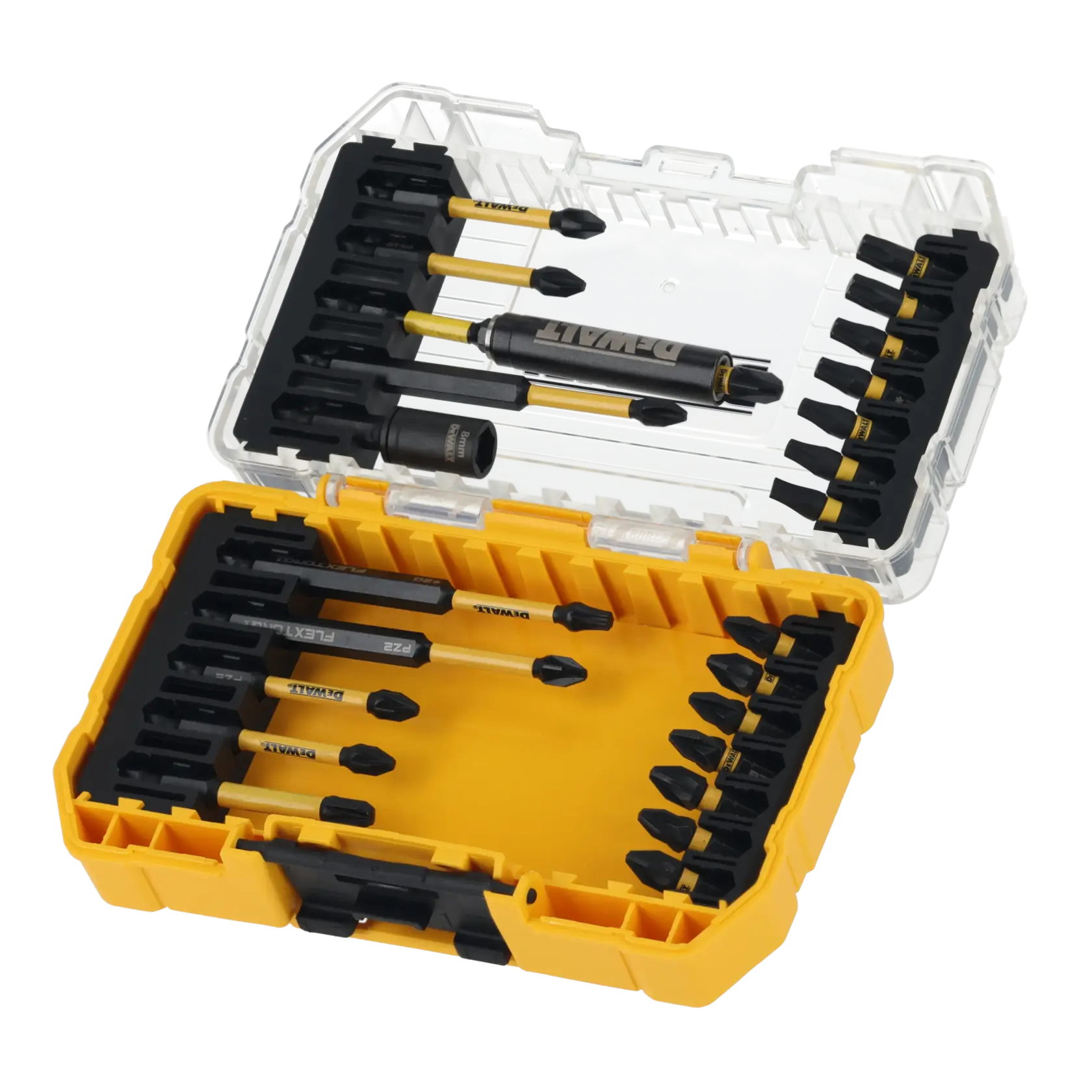 DEWALT DT70730T set with screwdriver bits in a yellow plastic case, shown open with various bit sizes.