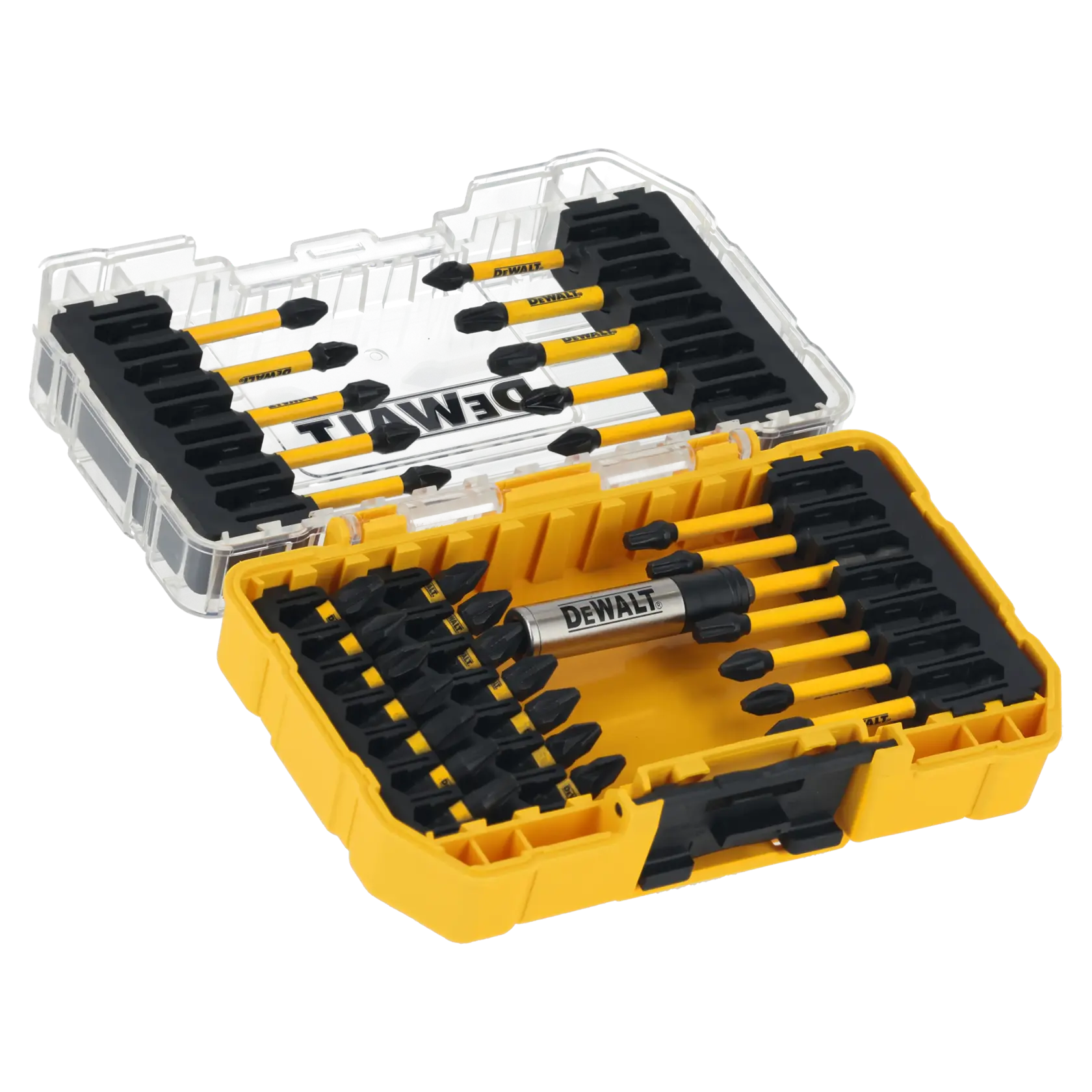 DEWALT yellow case with assorted drill bits and a bit holder, neatly organized inside with clear lid.
