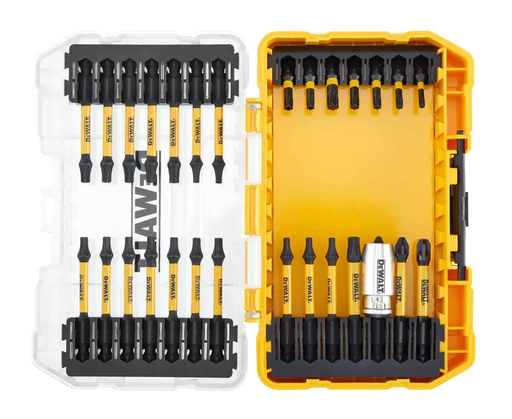 DEWALT DT70734T bit set with yellow case, multiple screwdriver bits organized inside.