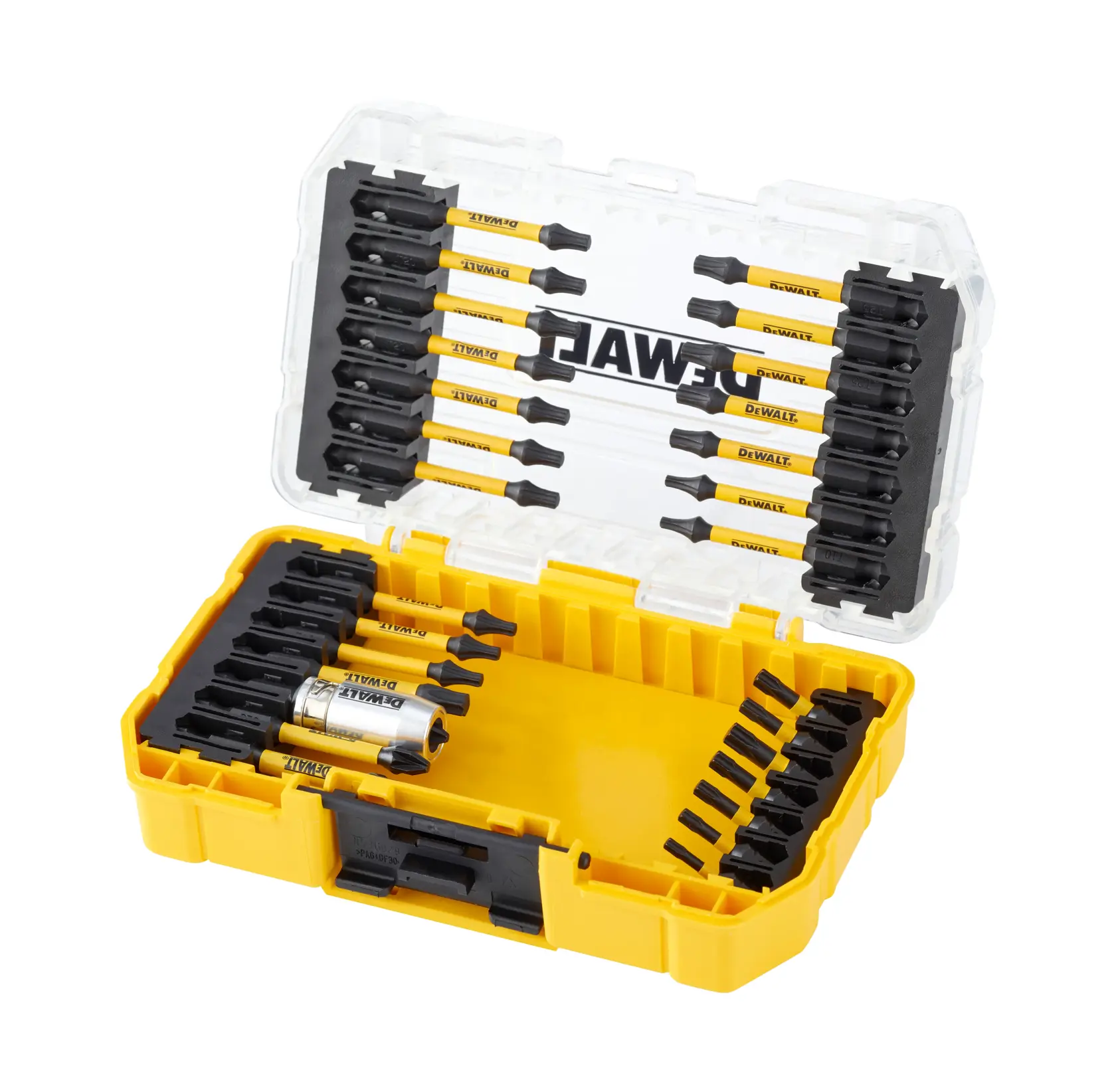 DEWALT DT70734T yellow case with assorted screwdriver bits, organized inside clear lid and black holder.