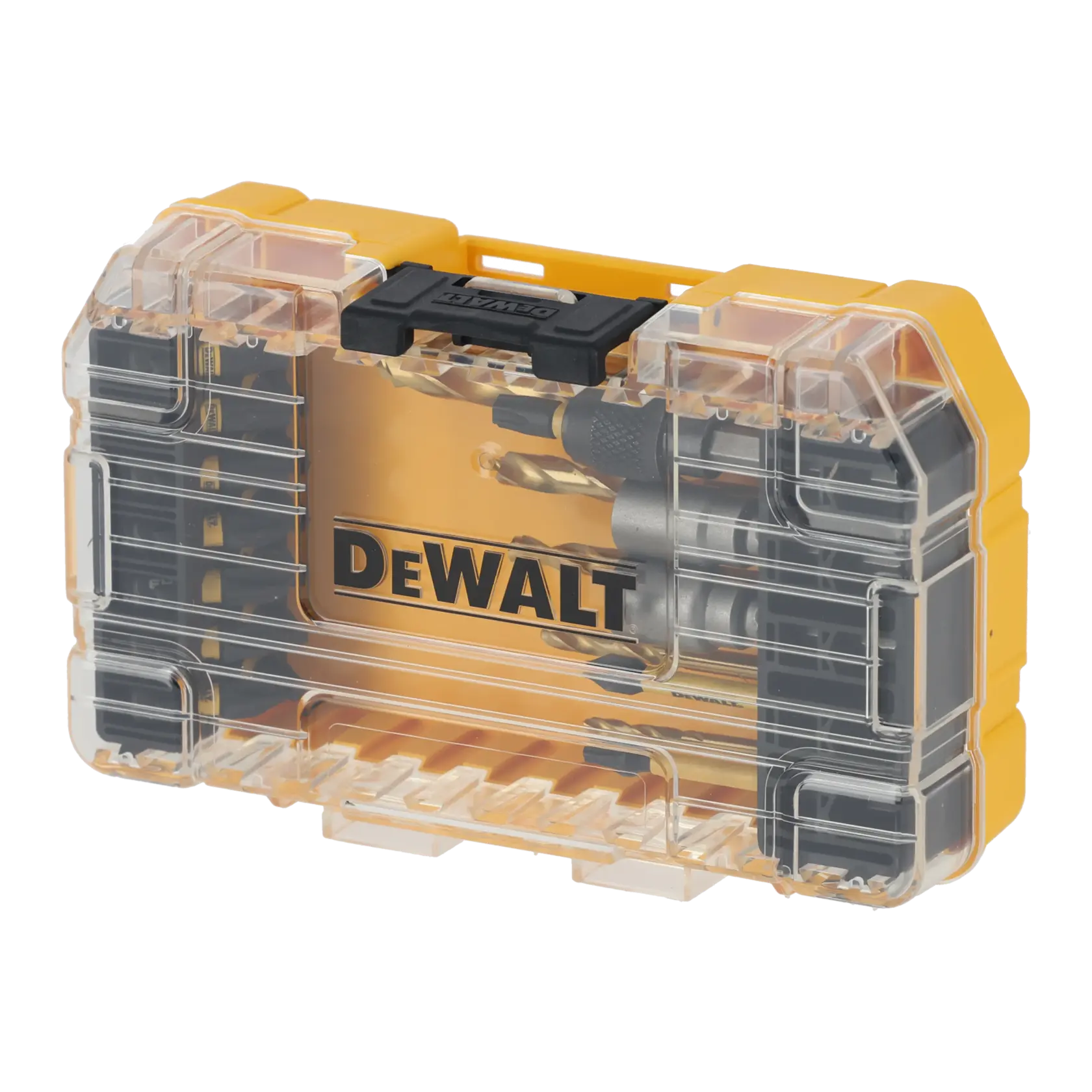DEWALT DT70735T drill bit set in a yellow and clear plastic storage box.