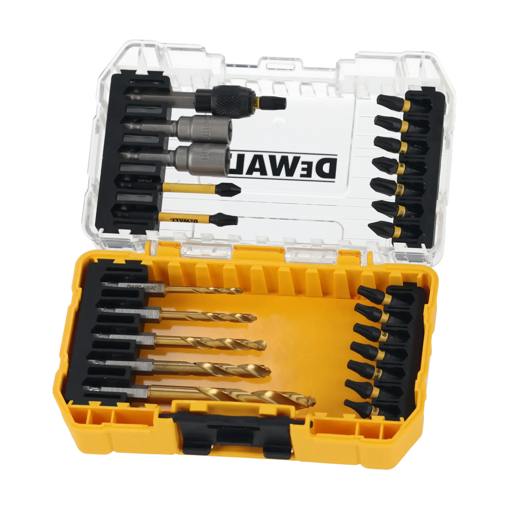 DEWALT yellow case with assorted drill bits and screwdriver bits, organized in slots.