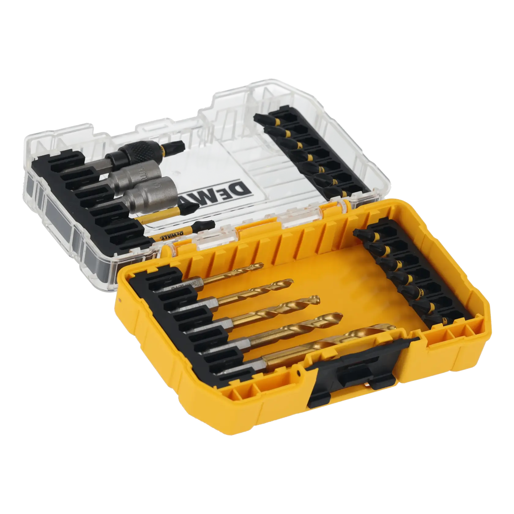 DEWALT drill and bit set in a yellow and clear plastic case, organized for easy access and storage.