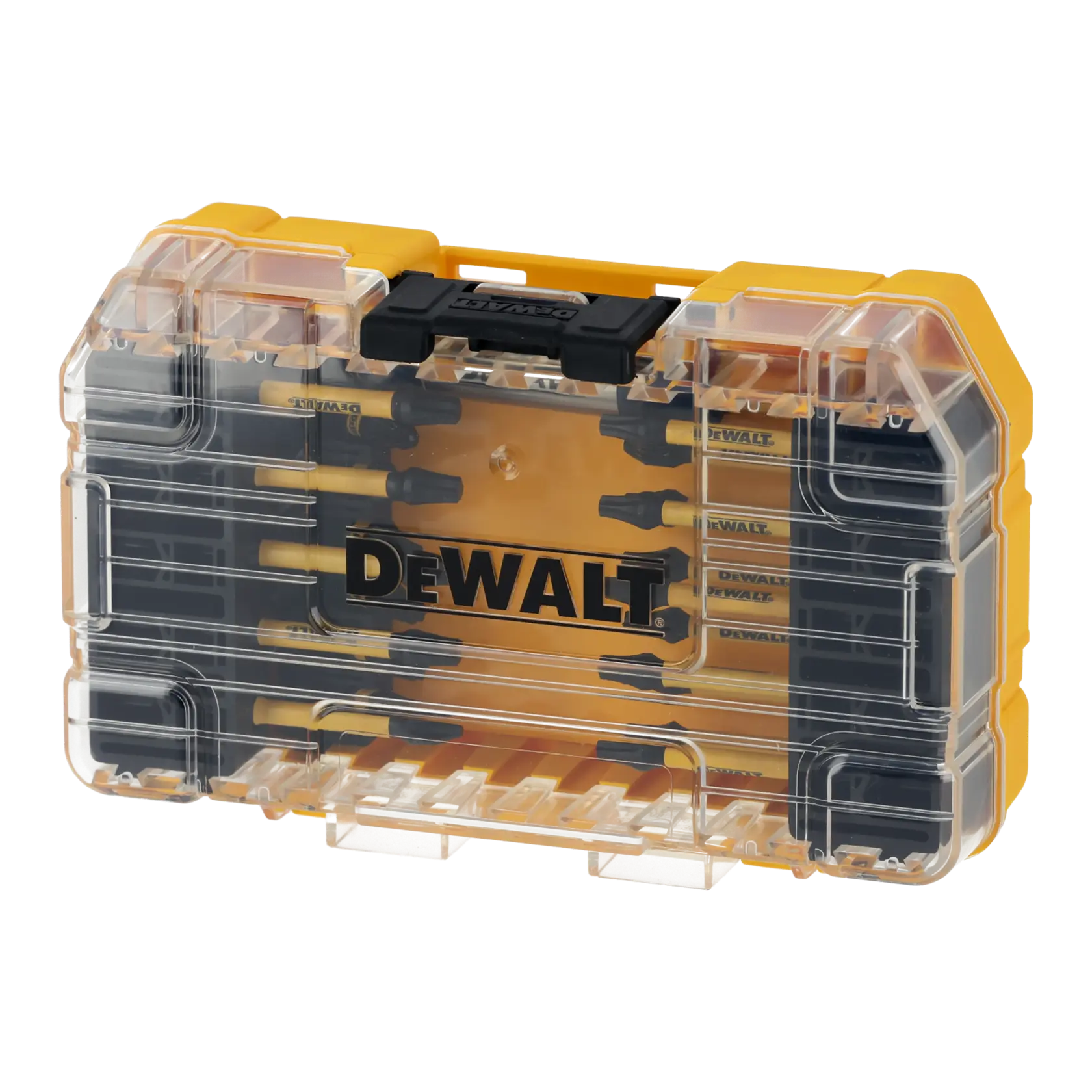 DEWALT yellow and clear storage box with drill bits, black latch, and visible DEWALT logo on front.