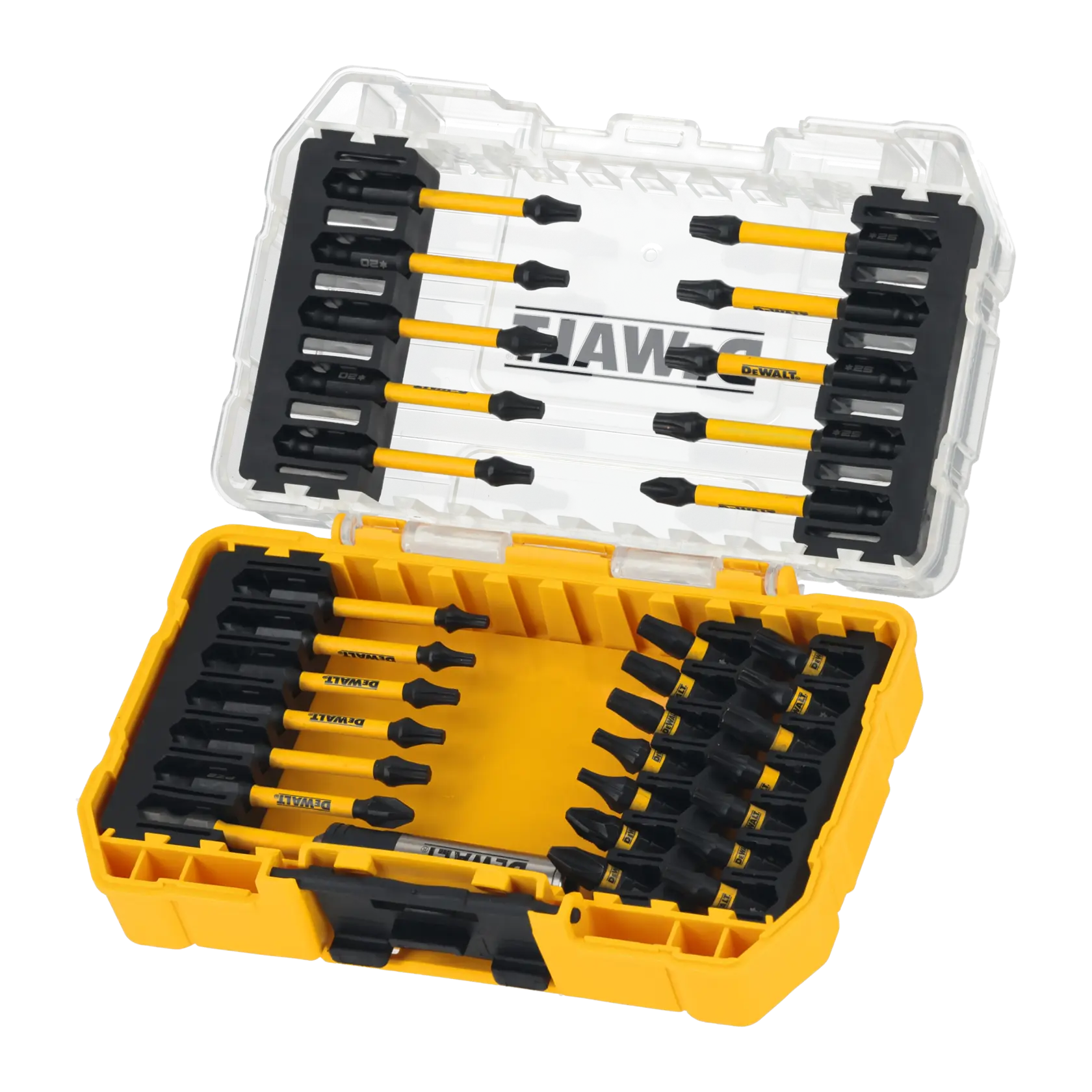DEWALT yellow case with assorted screwdriver bits organized in rows, lid open.