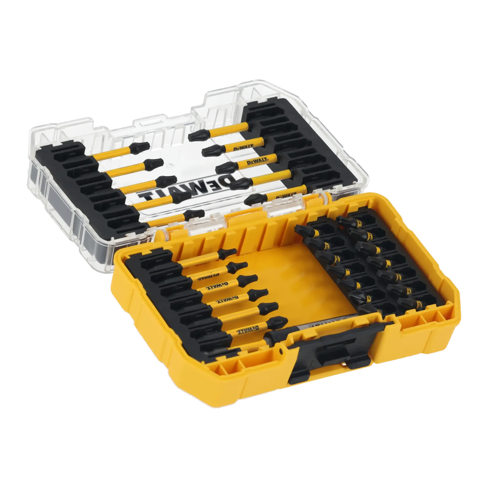 Yellow DEWALT bit set box open, showing multiple screwdriver bits organized inside.