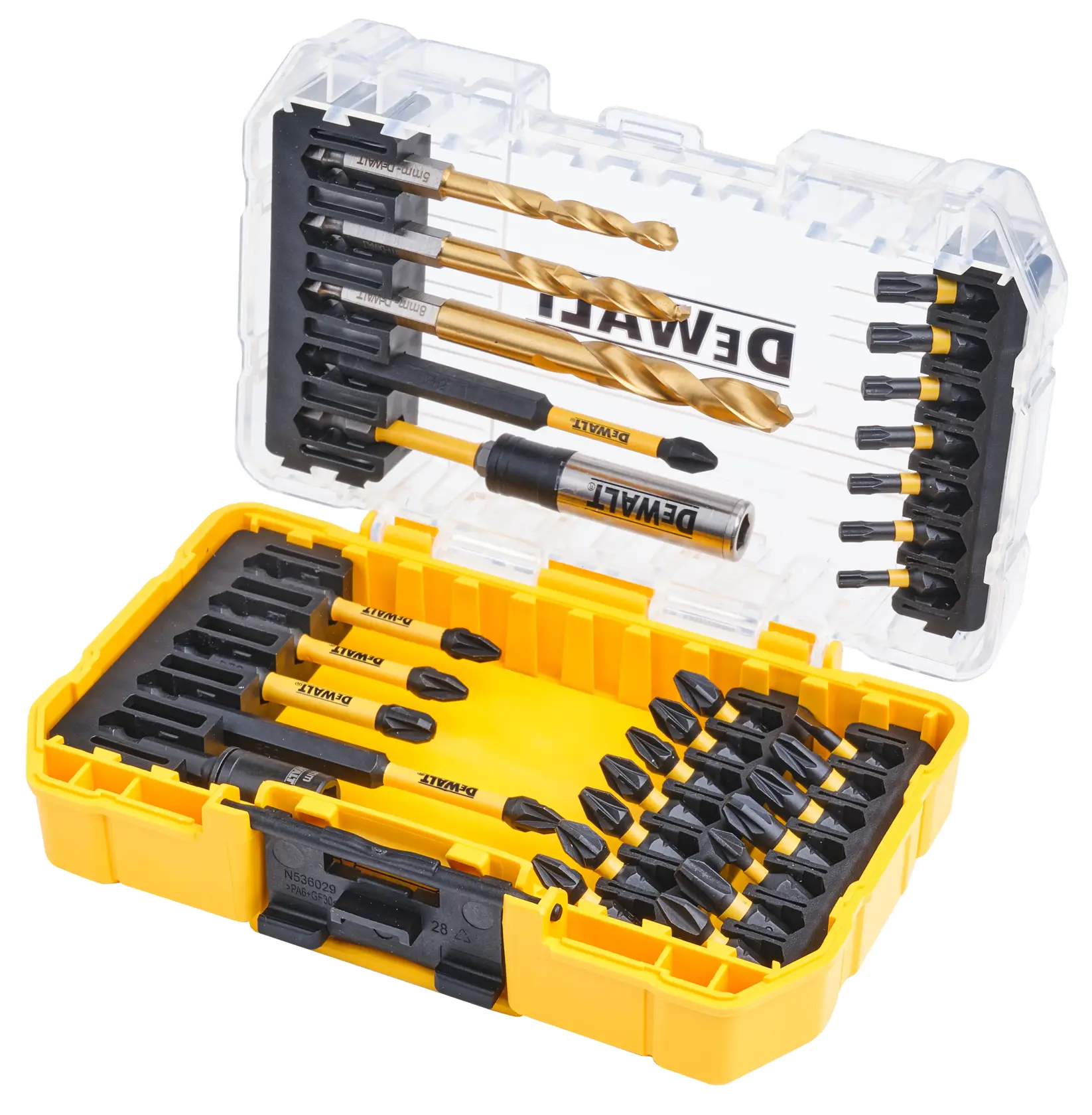 DEWALT DT70741T drill and screwdriver bit set in a yellow and clear plastic case with various bits organized inside.