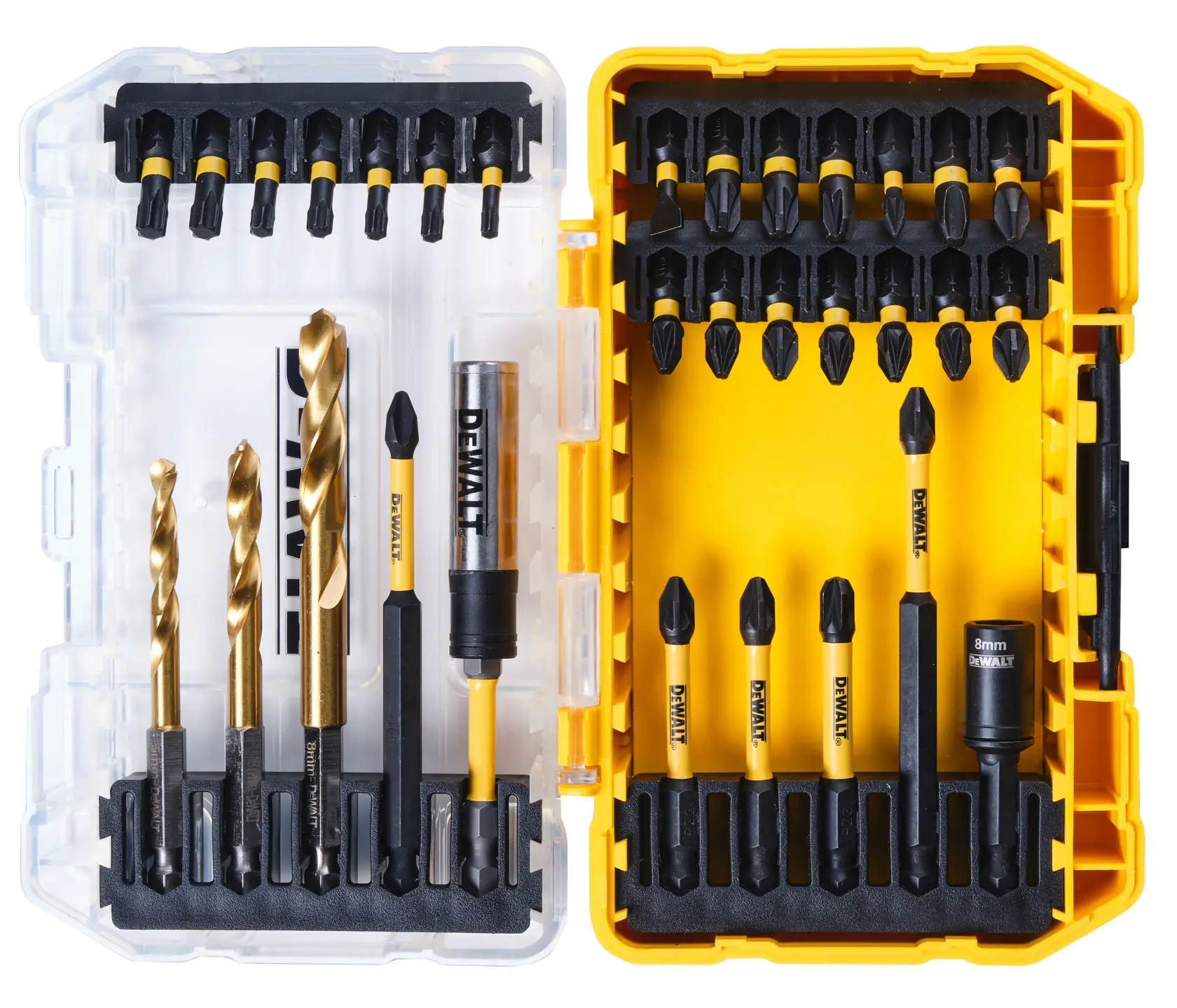 DEWALT DT70741T yellow case with assorted drill bits and screwdriver bits organized inside.