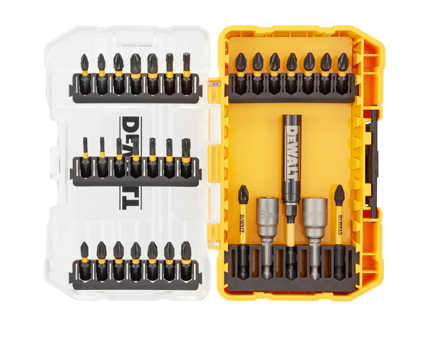 DEWALT DT70742T bit set in a yellow and clear plastic case, organized with various screwdriver bits and accessories.