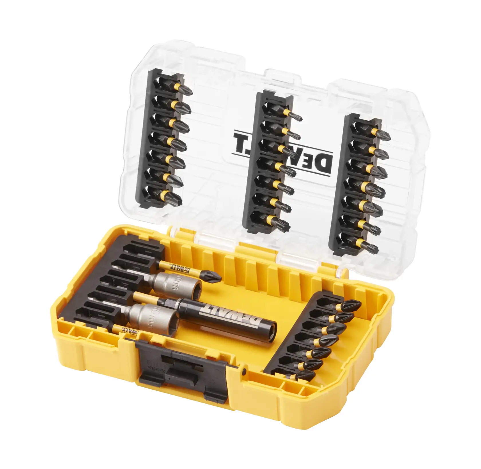 DEWALT DT70742T yellow case with screwdriver bits and accessories organized inside.