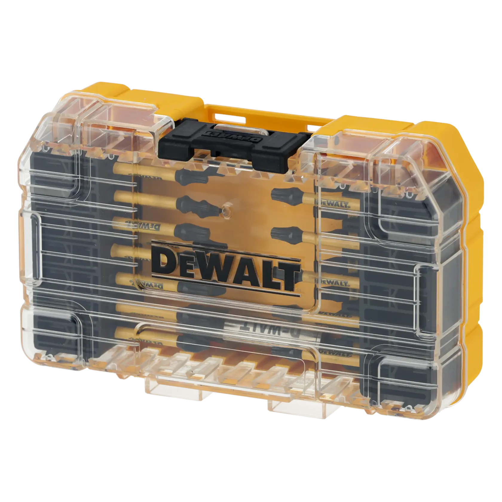 DEWALT DT70745T bit set in a clear plastic case, showing multiple tool bits organized inside.