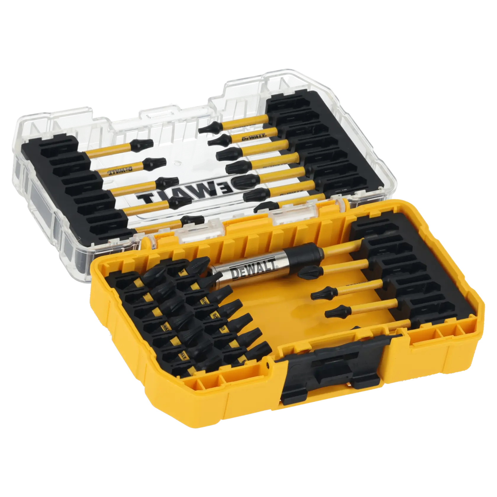 DEWALT yellow case with assorted screwdriver bits and holder, organized in rows for tool storage and transport.