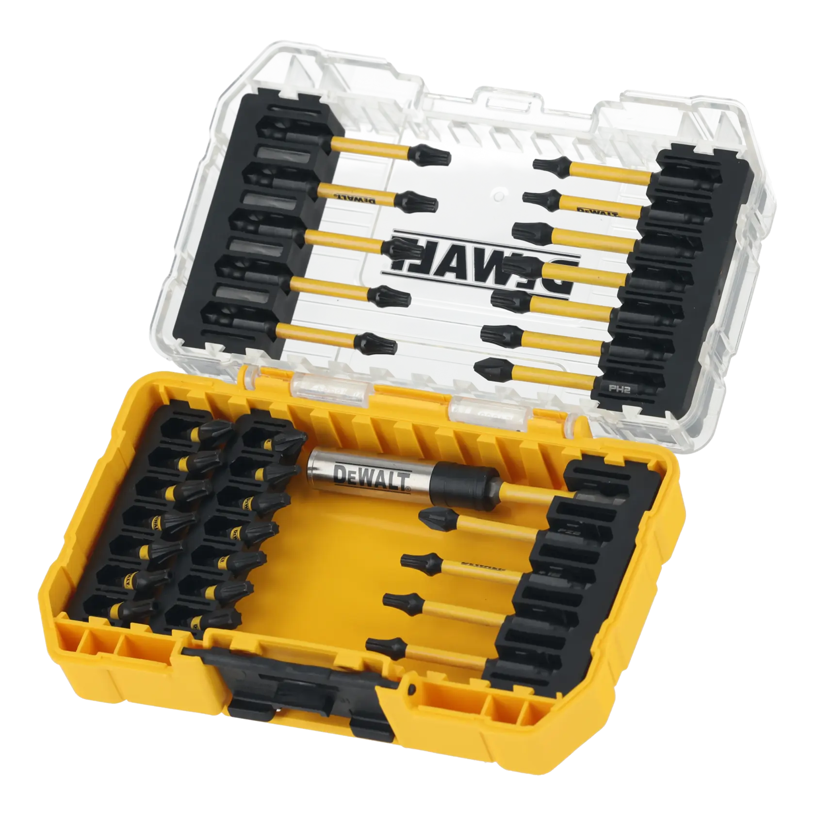 DEWALT DT70745T drill and screwdriver bit set in an open yellow plastic case with organized compartments.