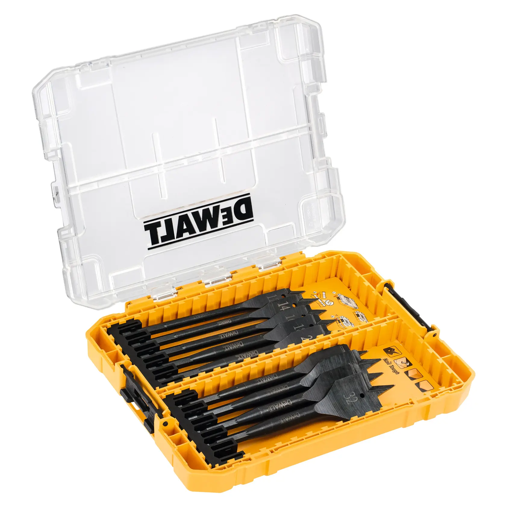 DEWALT drill bit set in yellow case, SKUs DT70751, DT70751-QZ, flat spade bits, clear lid, angled view.