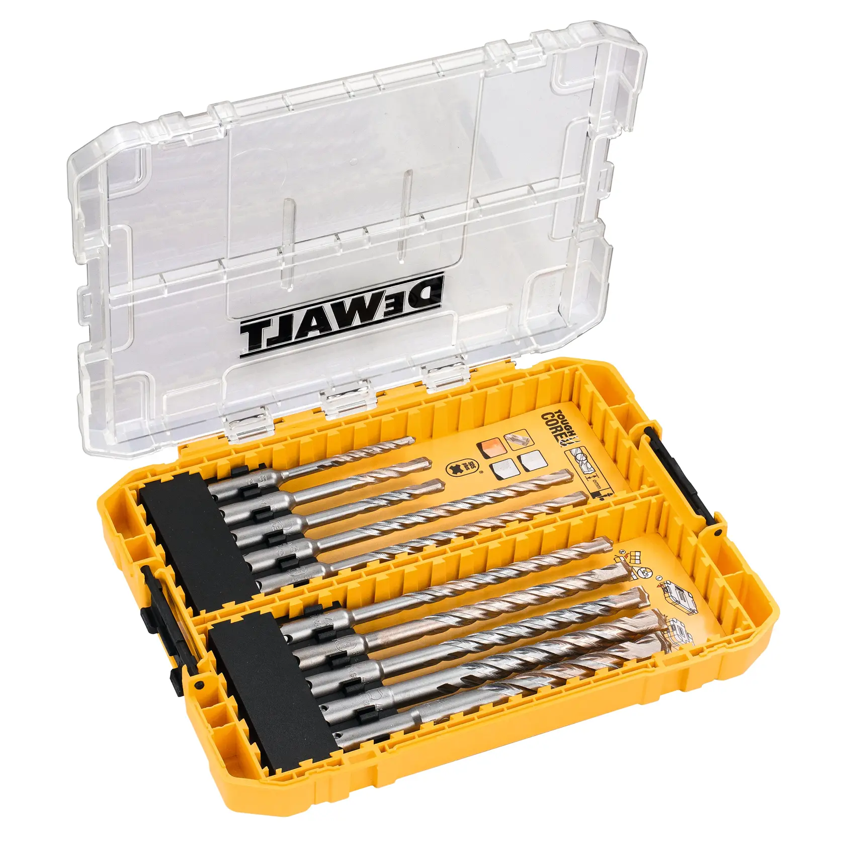 Photo of DEWALT drill bit set in yellow case, SKUs DT70753-QZ, DT70753, clear lid, multiple bits inside.