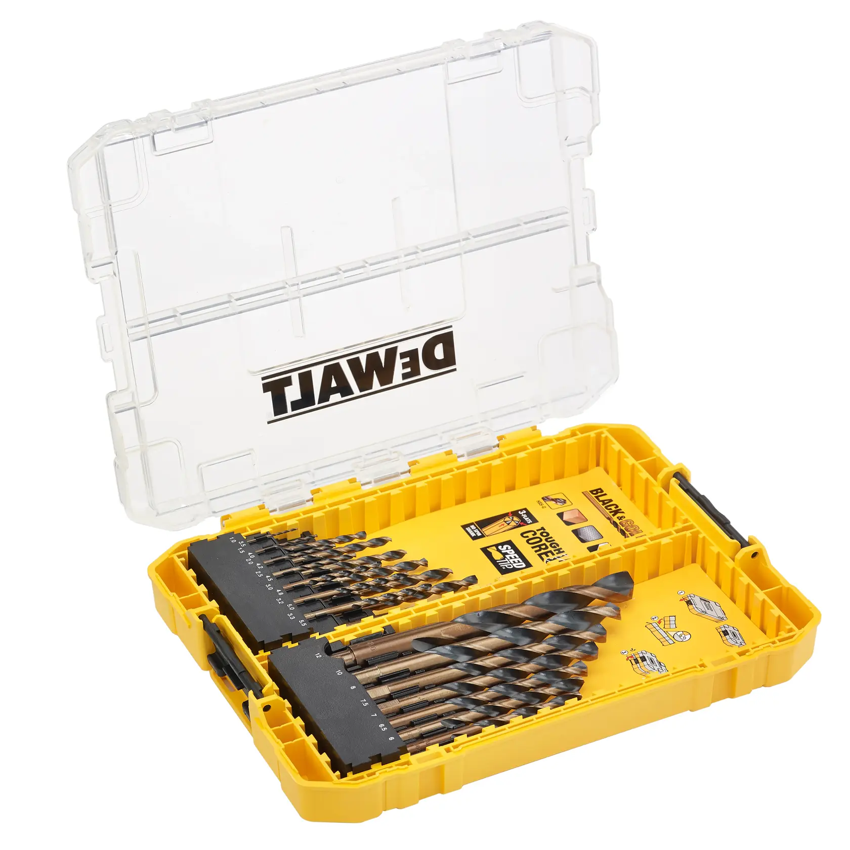 DEWALT yellow drill bit set in open plastic case, showing multiple sizes of metal drill bits arranged neatly.