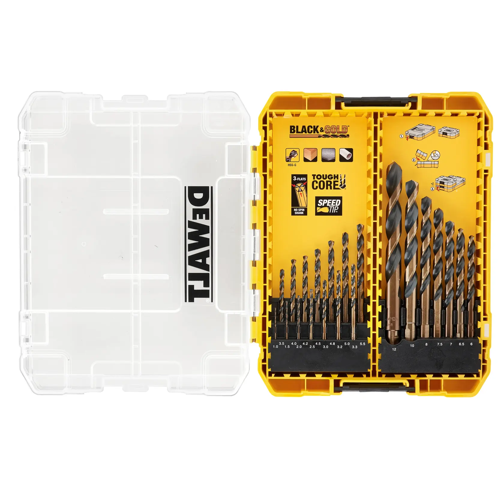 DEWALT drill bit set in a yellow and clear plastic case, various sizes organized for easy access.