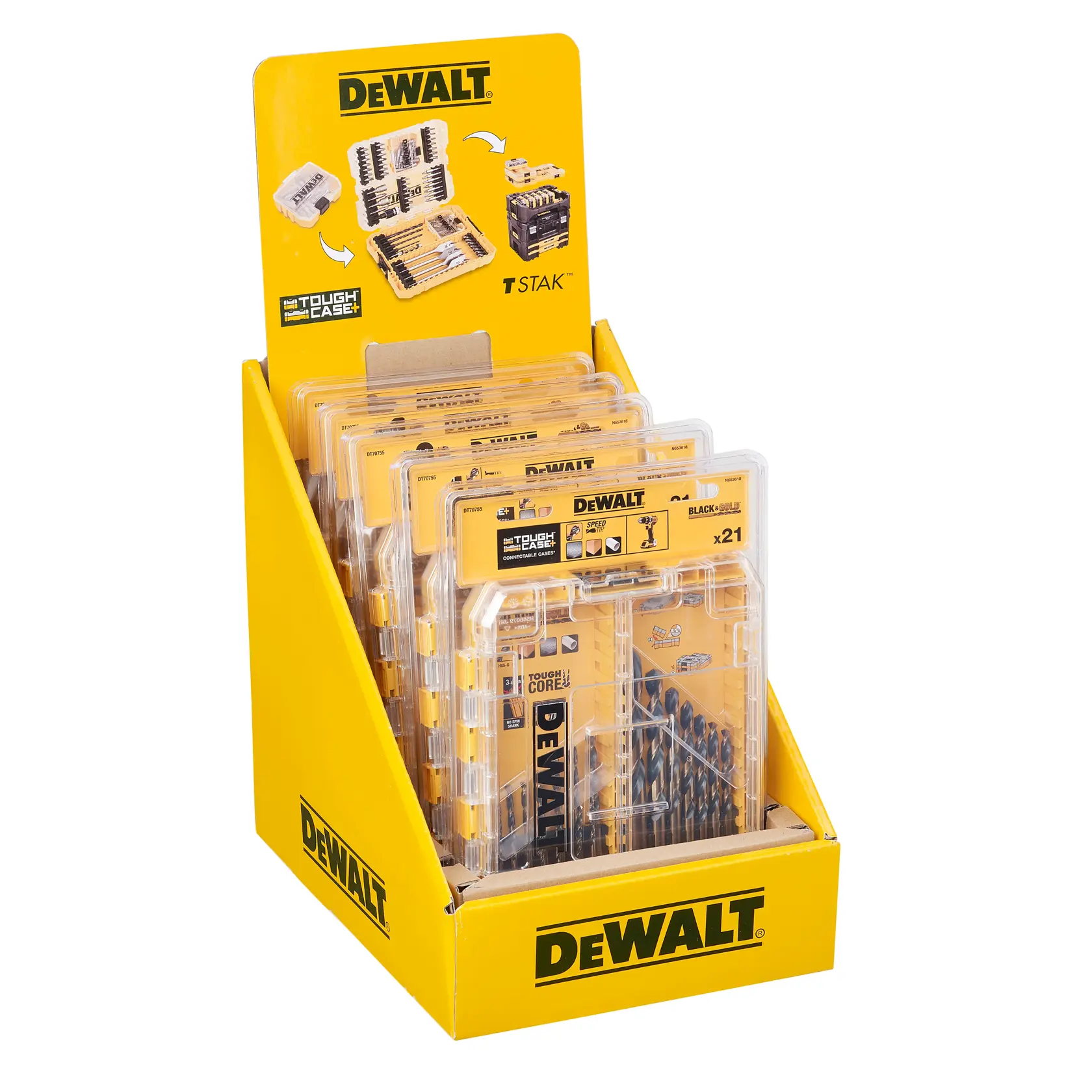 DEWALT display box with multiple drill bit sets in clear cases. Yellow branded packaging for retail presentation.