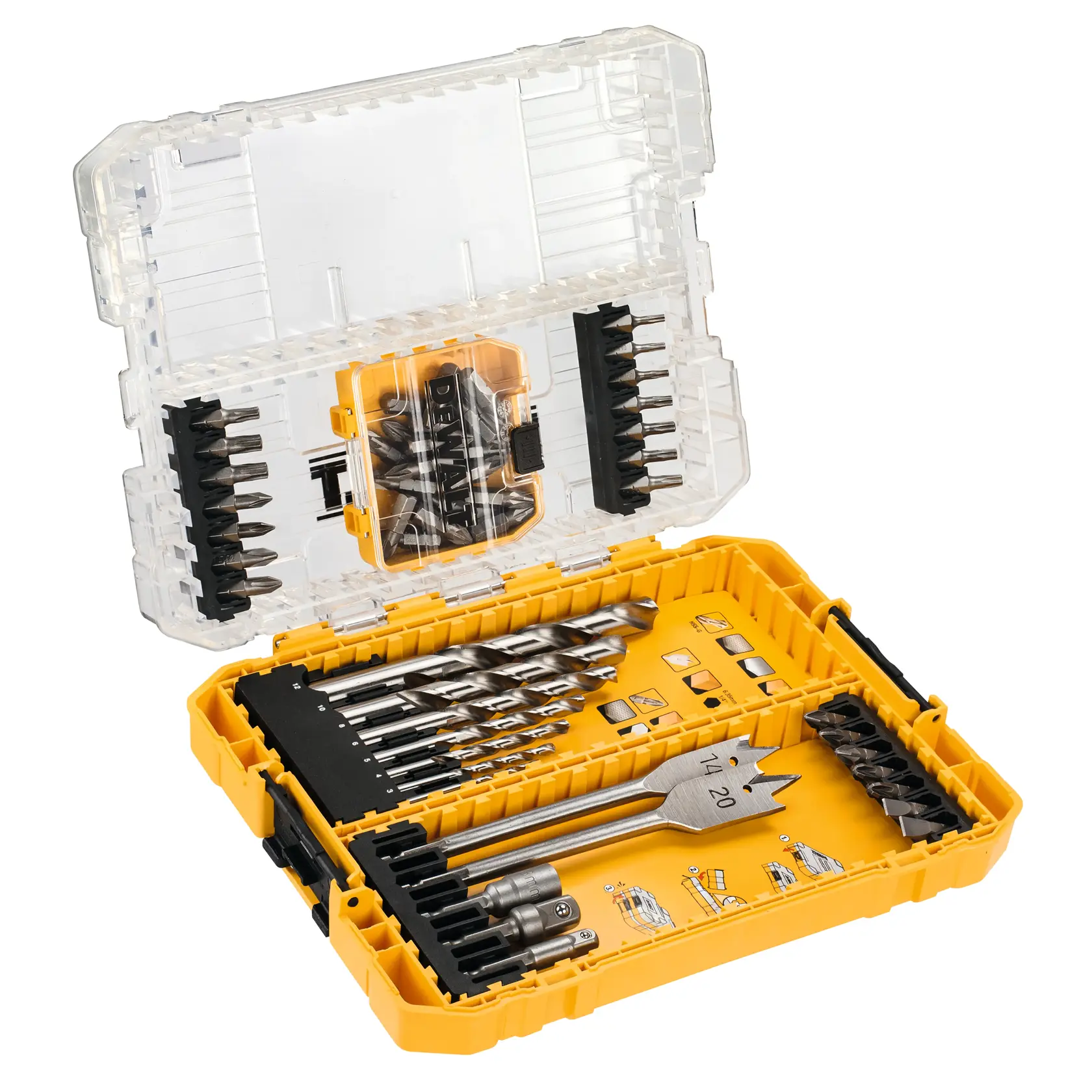 DEWALT yellow drill bit and screwdriver set in open plastic box with assorted bits and accessories.