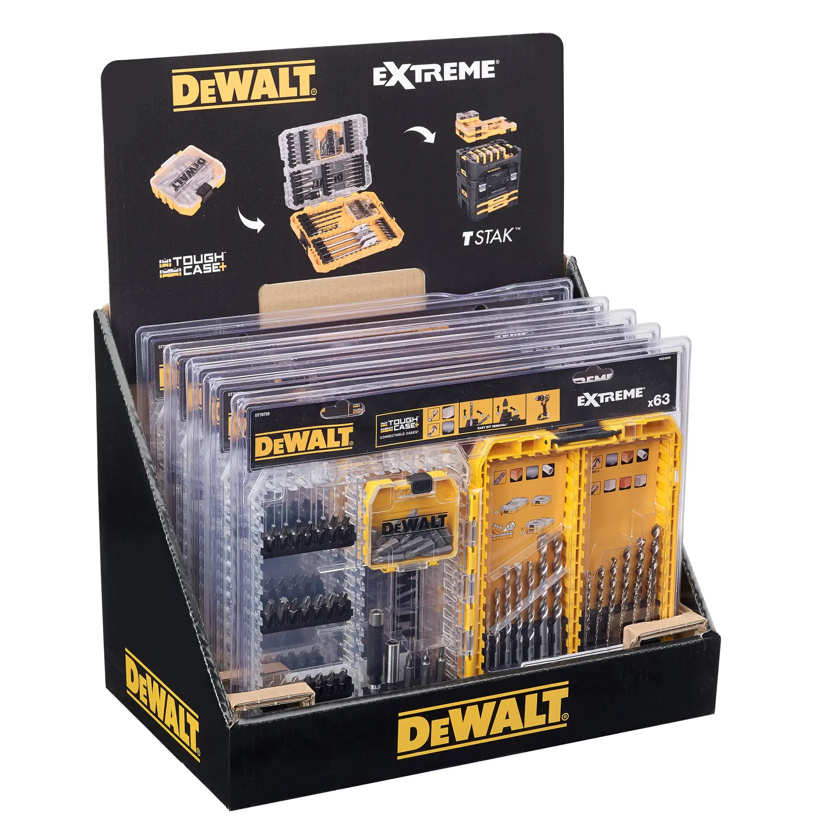 DEWALT Extreme drill and bit set display in black and yellow packaging. Multiple sets are visible in clear cases.