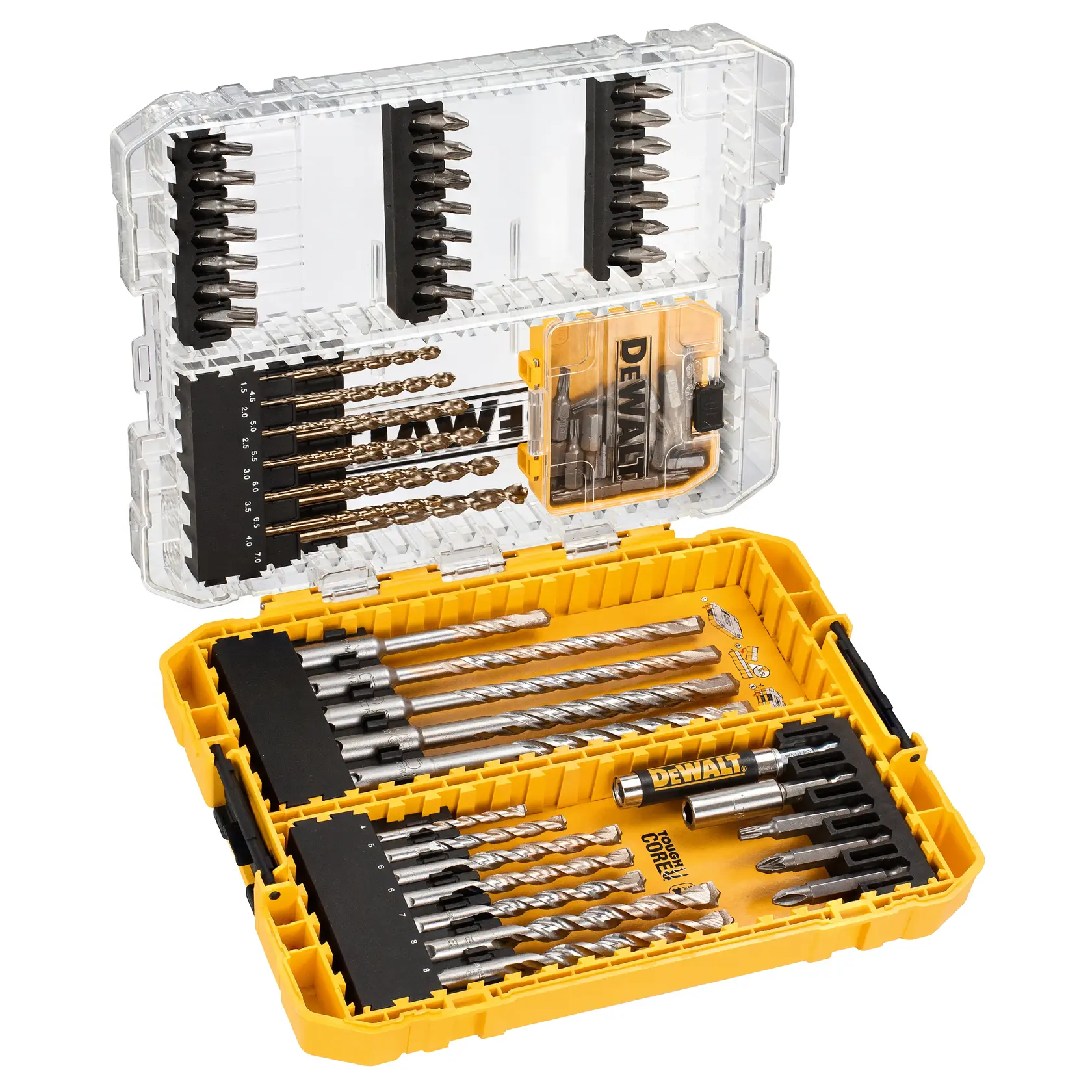 DEWALT drill bit and bit set in yellow case, DT70760-QZ, DT70760. Includes multiple bits organized inside.