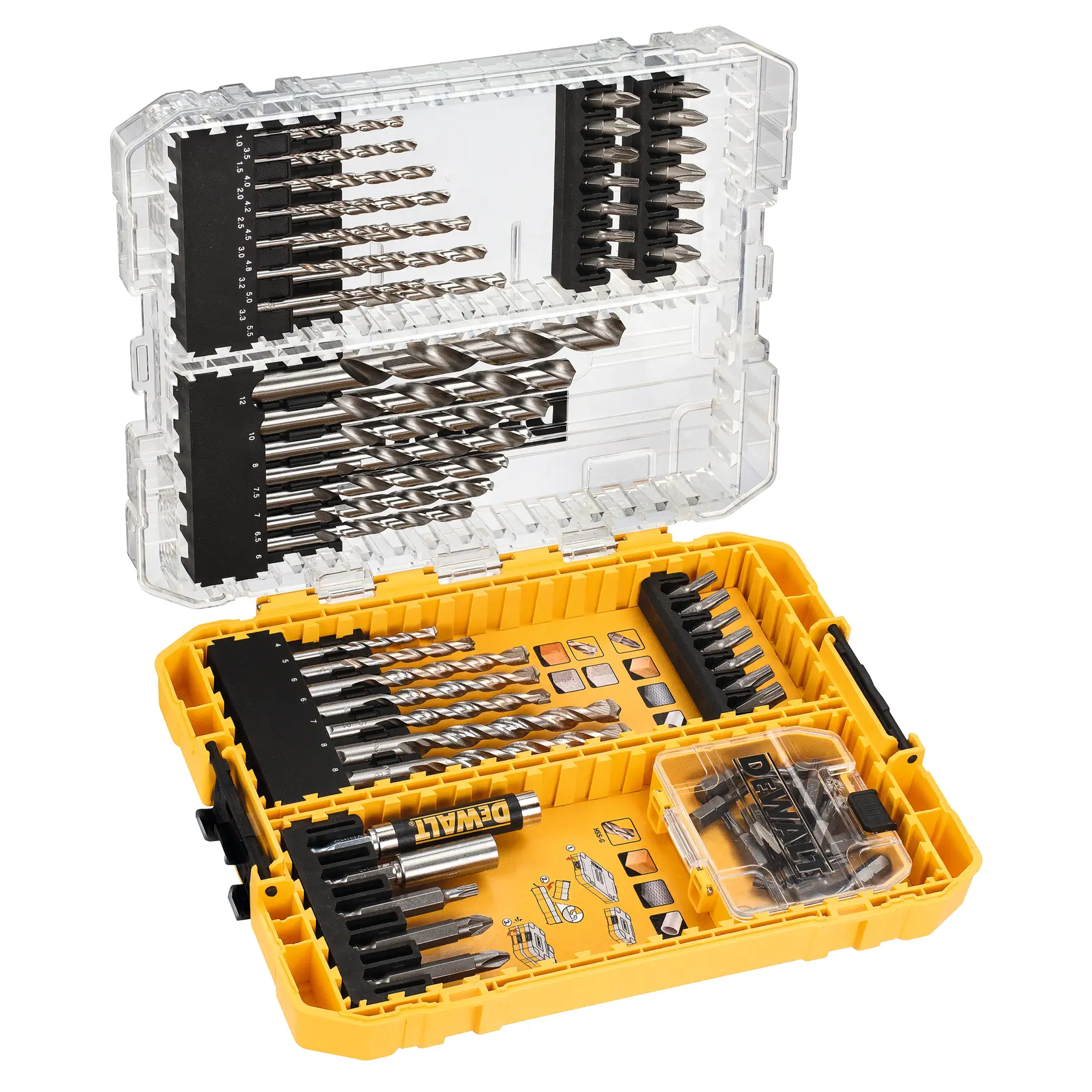DEWALT DT70761 set with various drill bits and screwdriver bits in a yellow plastic storage case.