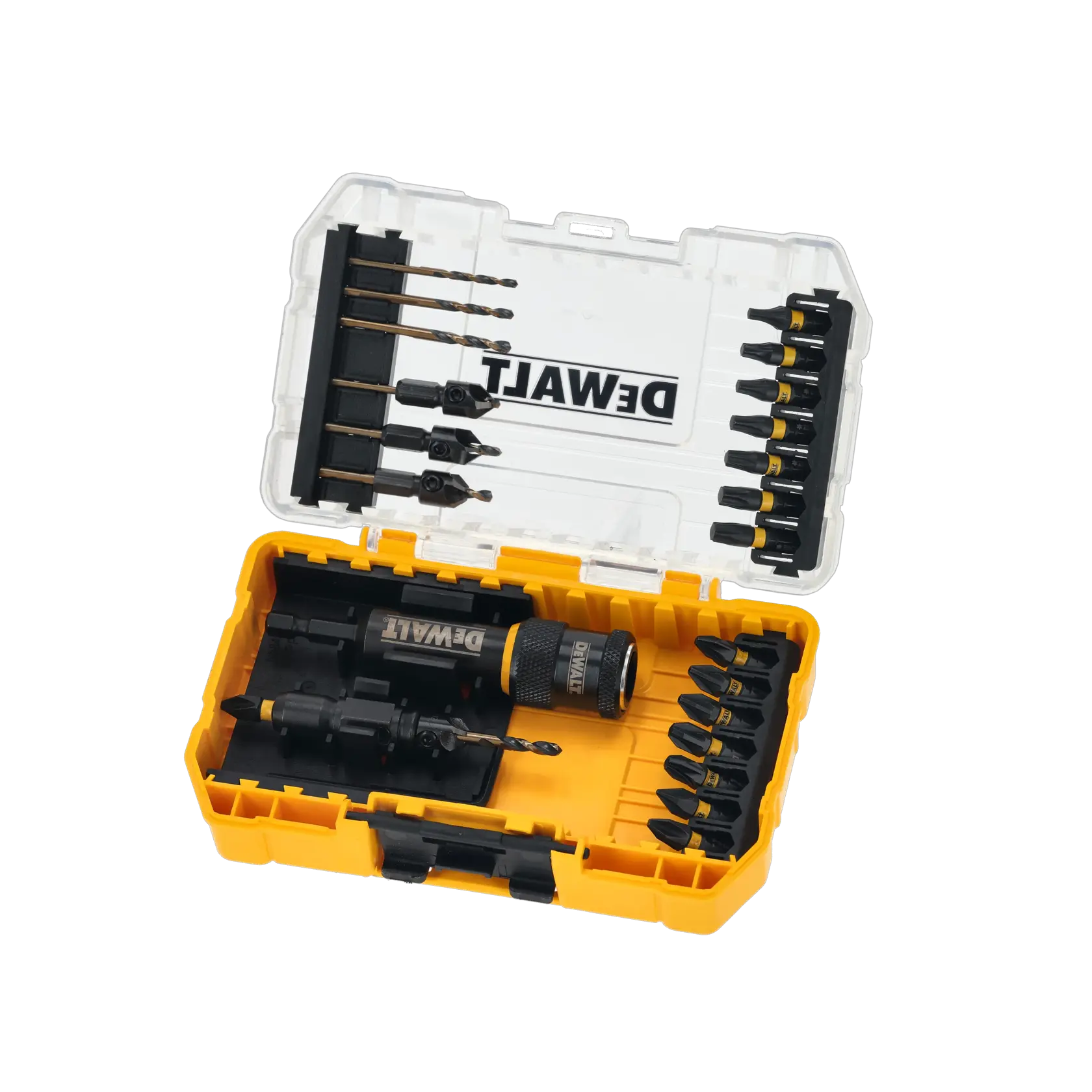 DEWALT drill and screwdriver bit set in yellow case. SKUs: DT70779T, DT70779T-QZ. Photography category.