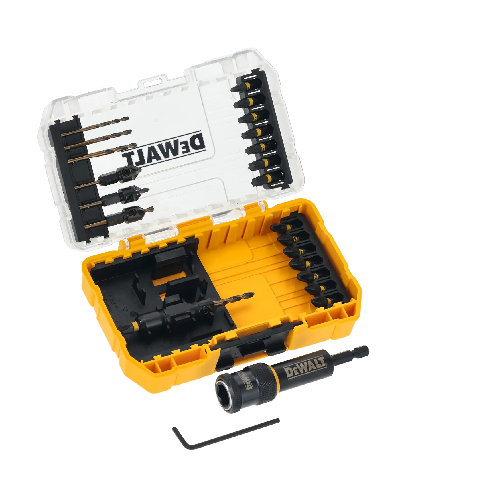 DEWALT drill bit set in yellow box, SKUs DT70779T, DT70779T-QZ, bit holder and hex key visible.