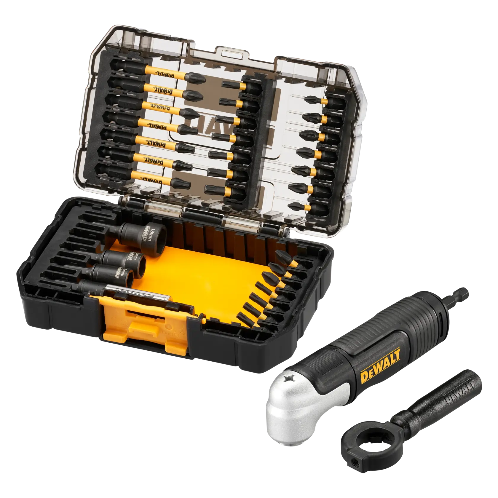 DEWALT DT70782 bit set with storage case, right angle attachment, and accessories for drilling and driving.