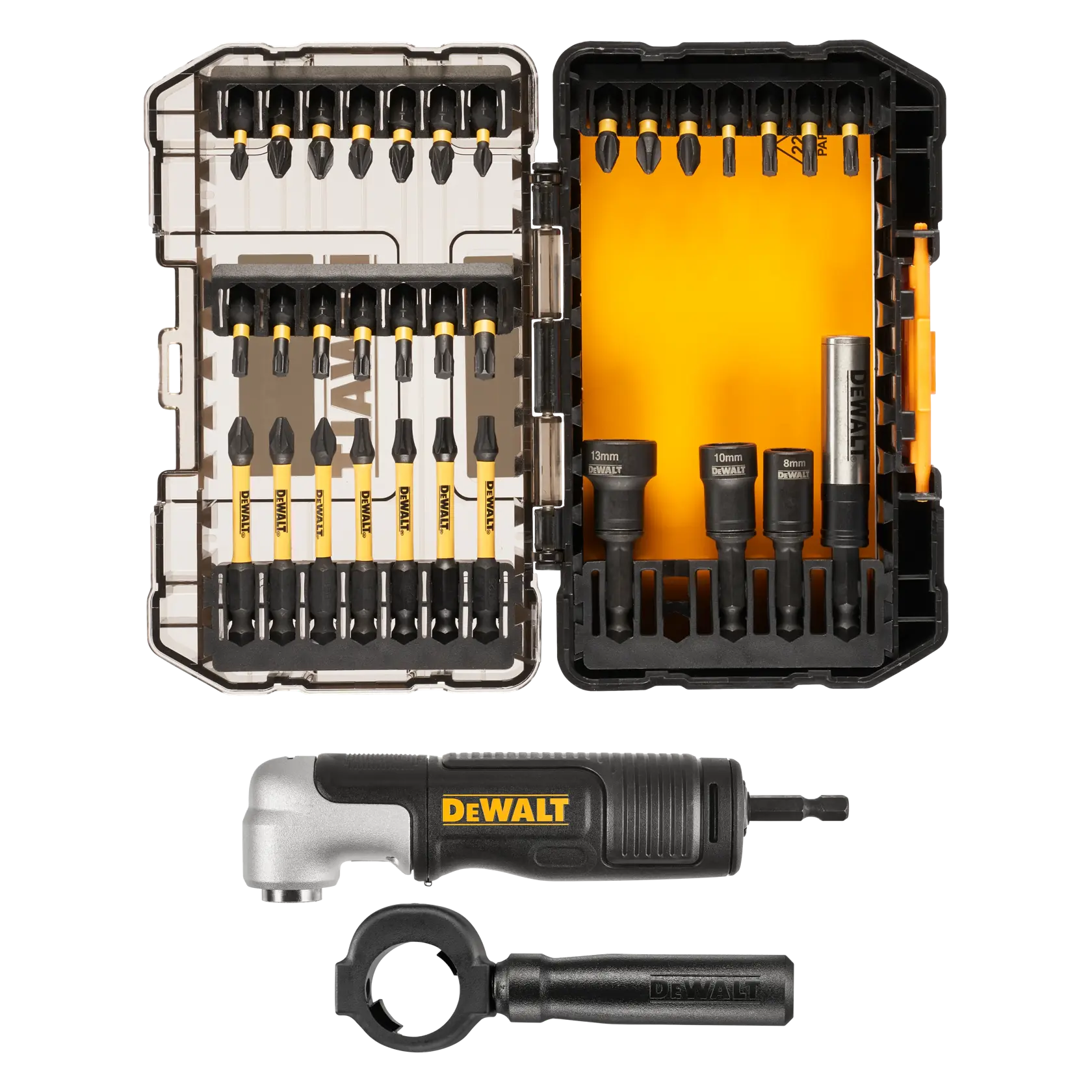 DEWALT DT70782 set with screwdriver bits, sockets, right angle attachment, and handle in a storage case.