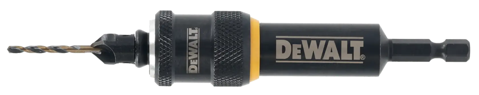 DEWALT DT70786 drill bit holder with attached drill bit, shown horizontally on white background.
