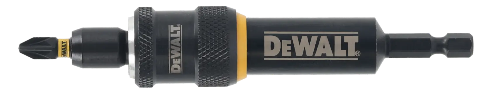 DEWALT DT70786 magnetic bit holder for drills, shown with a screwdriver bit attached, black with yellow accent.