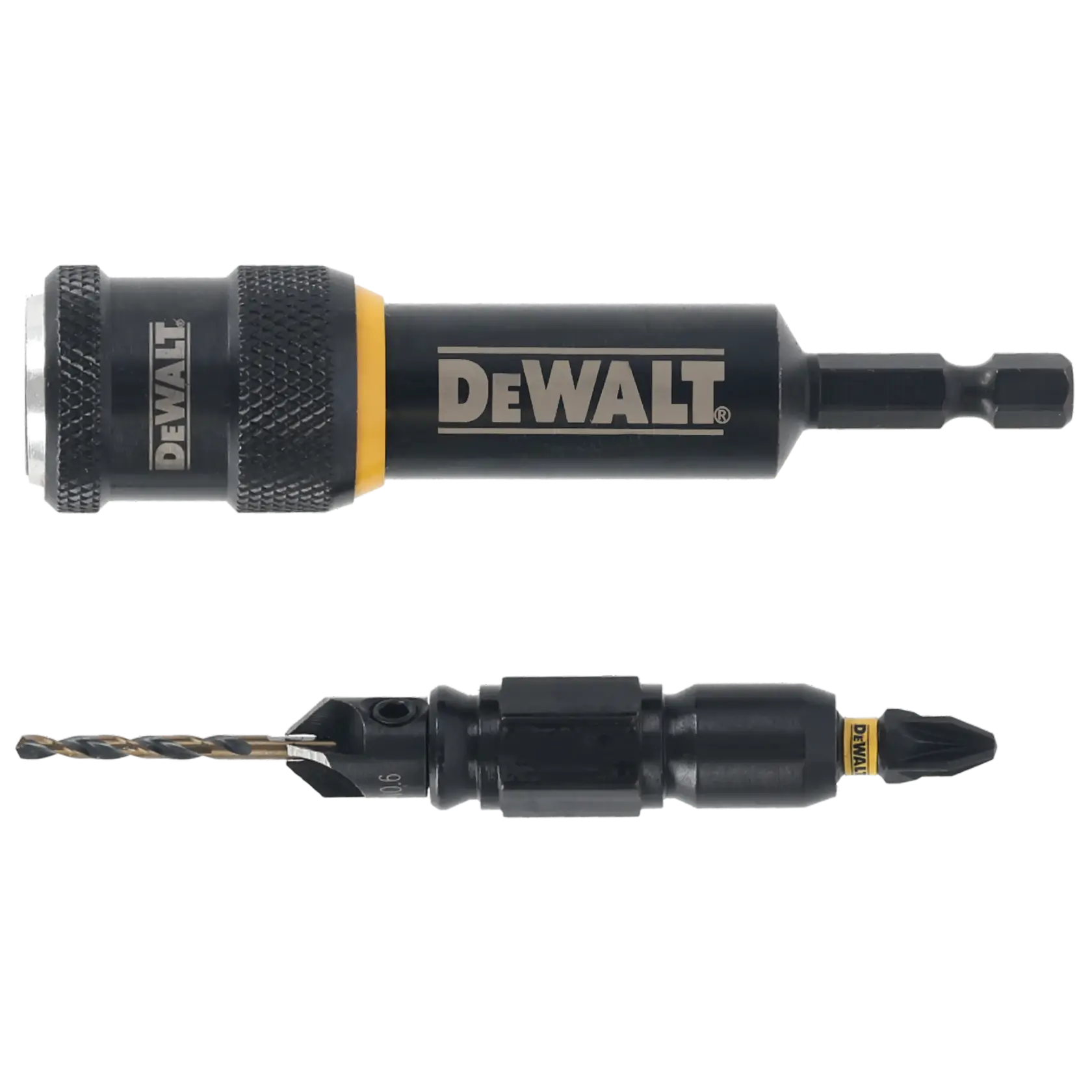 DEWALT DT70786 drill and screwdriver accessory set, two black pieces with logo and bit attachments.