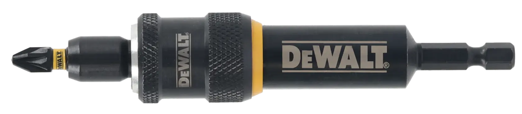 DEWALT DT70787 screwdriver bit holder with black and yellow design and hex shank shown against a white background.