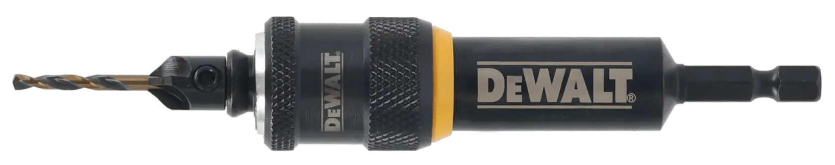 DEWALT drill bit holder with attached drill bit, black and yellow, designed for use with power tools.