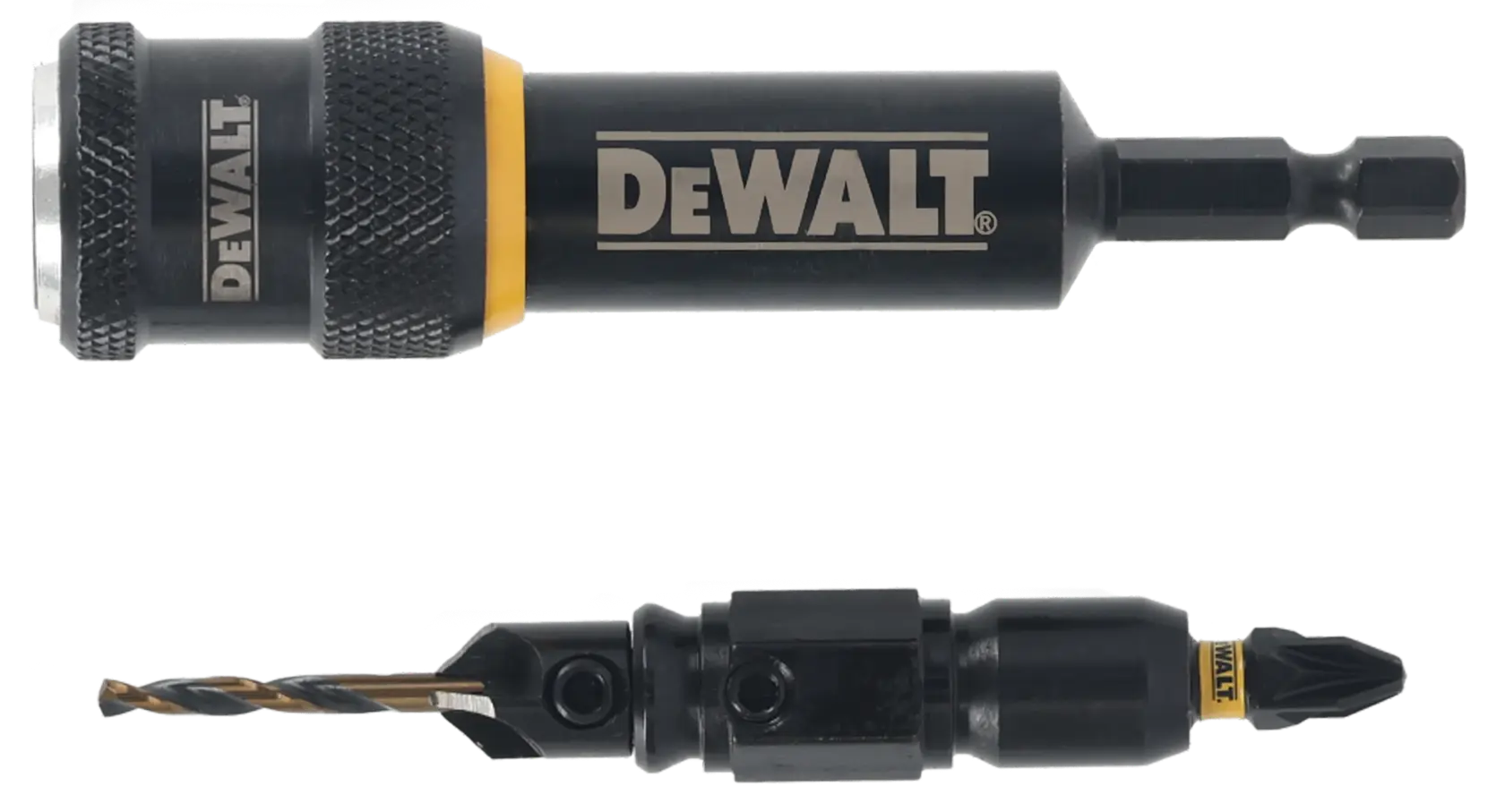 Two DEWALT drill bit accessories in black and silver for use with power tools, shown on a white background.