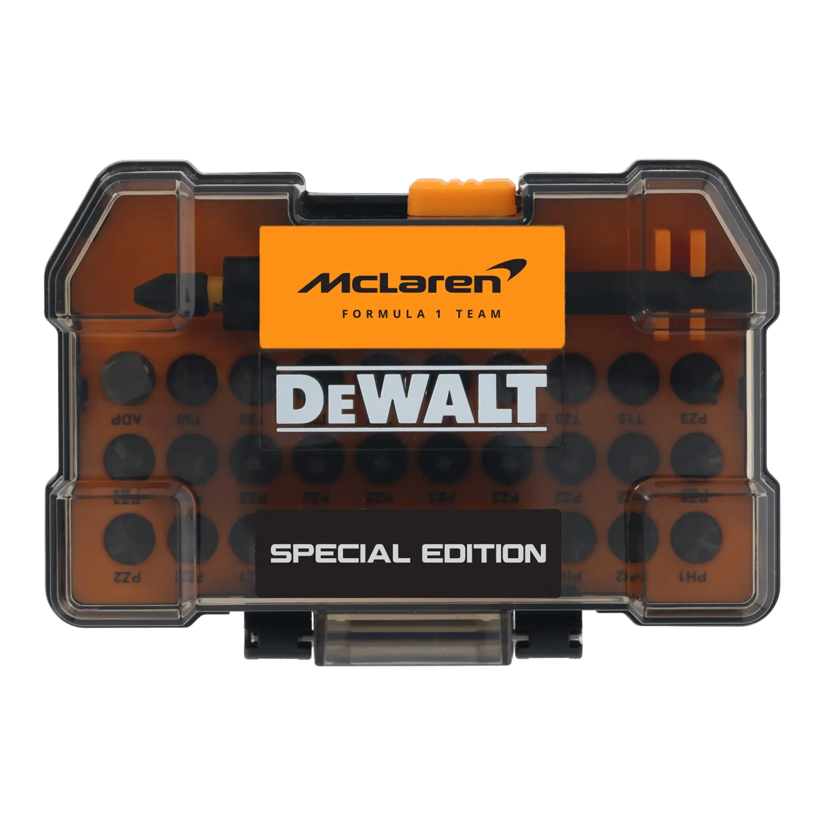 DEWALT McLaren Special Edition bit set, Photography, DT70900T, DT70900T-QZ in black case.