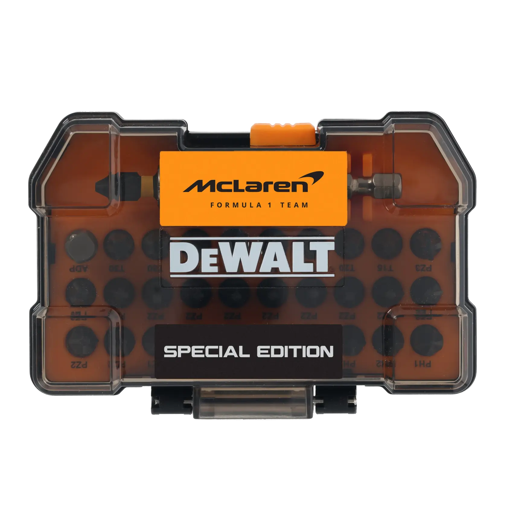 DEWALT McLaren Sonderedition Bitset in orange-schwarzer Box, mit Formula 1 Team vorne.