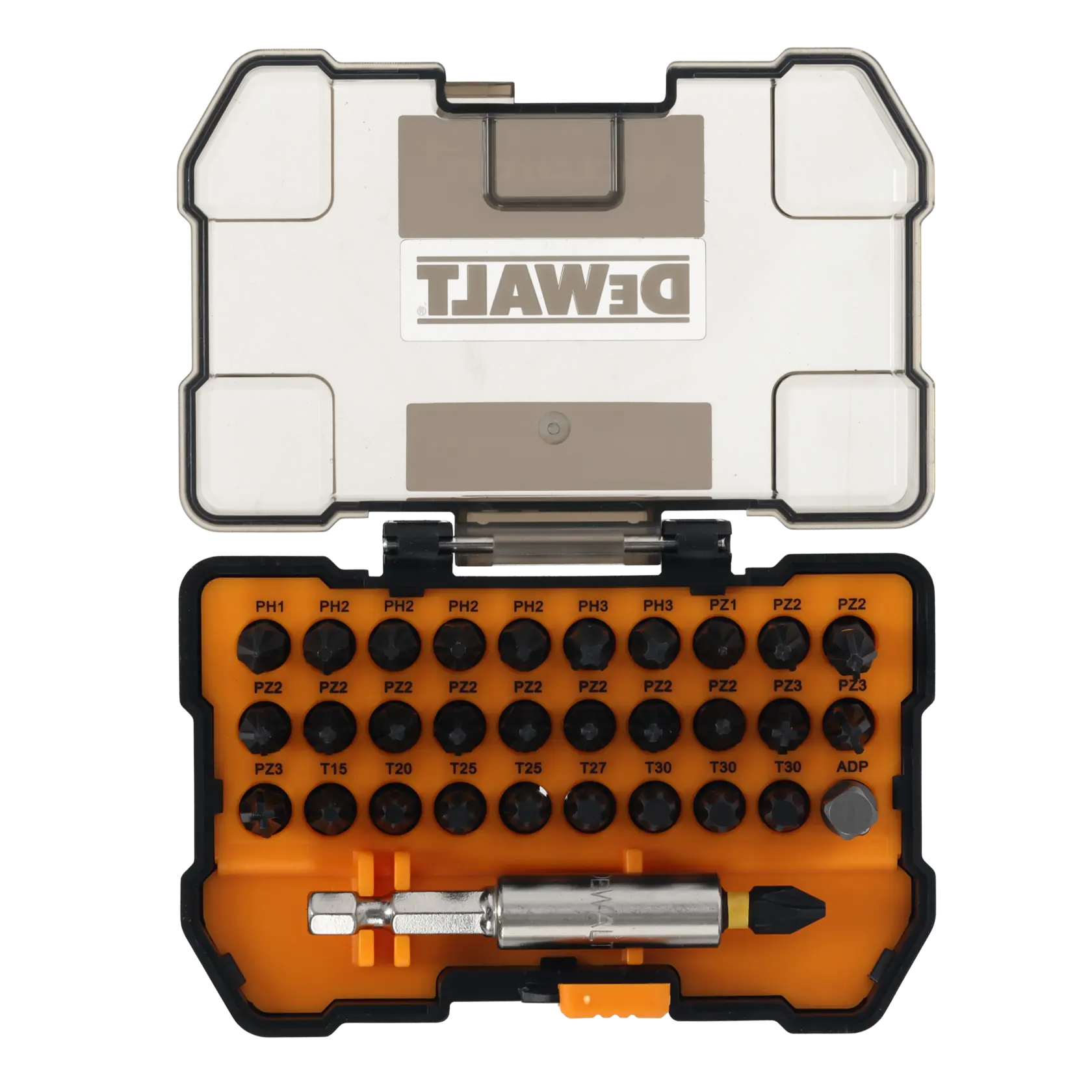 DEWALT Bitset im Kunststoffkasten mit verschiedenen Schrauberbits in Reihen und einem Metall-Bithalter.